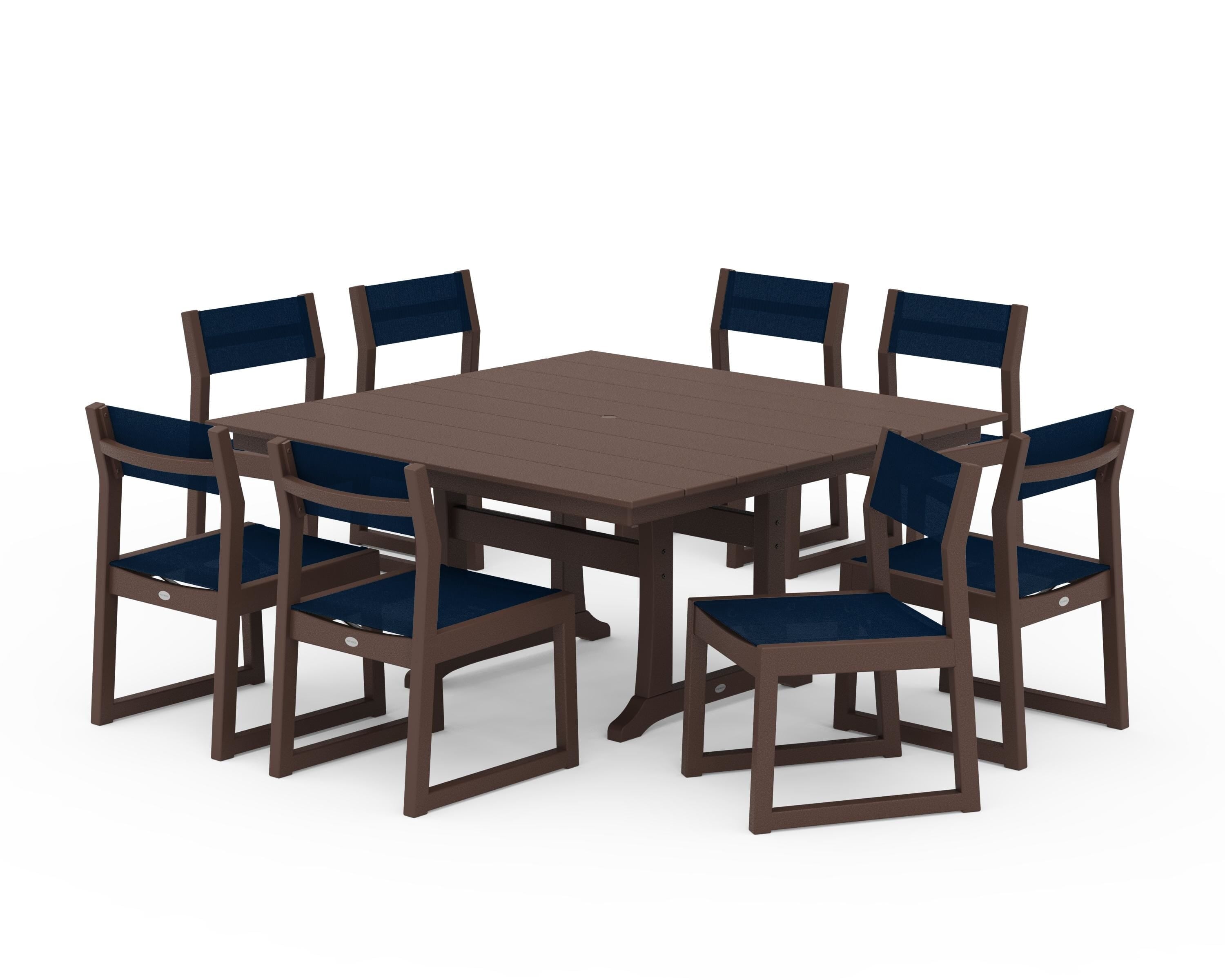 POLYWOOD EDGE Sling Side Chair 9-Piece Farmhouse Trestle Dining Set in Mahogany / Navy Blue Sling