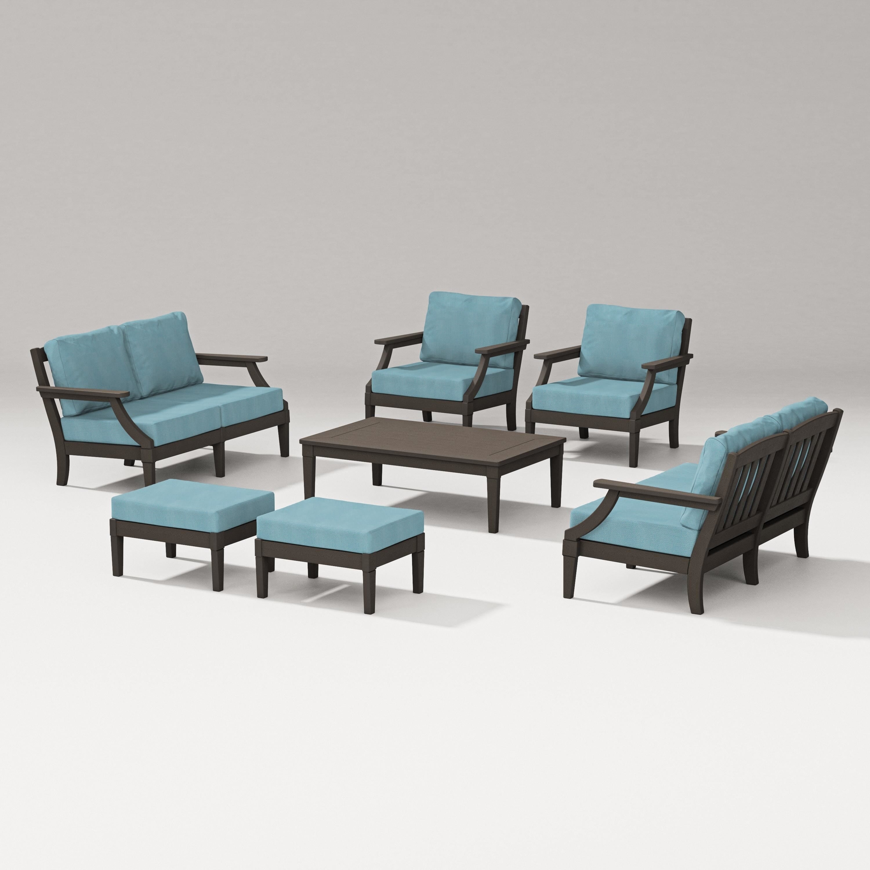 PW Designer Series Estate 7-Piece Lounge Loveseat Set in Vintage Coffee / Lattice Sky Blue