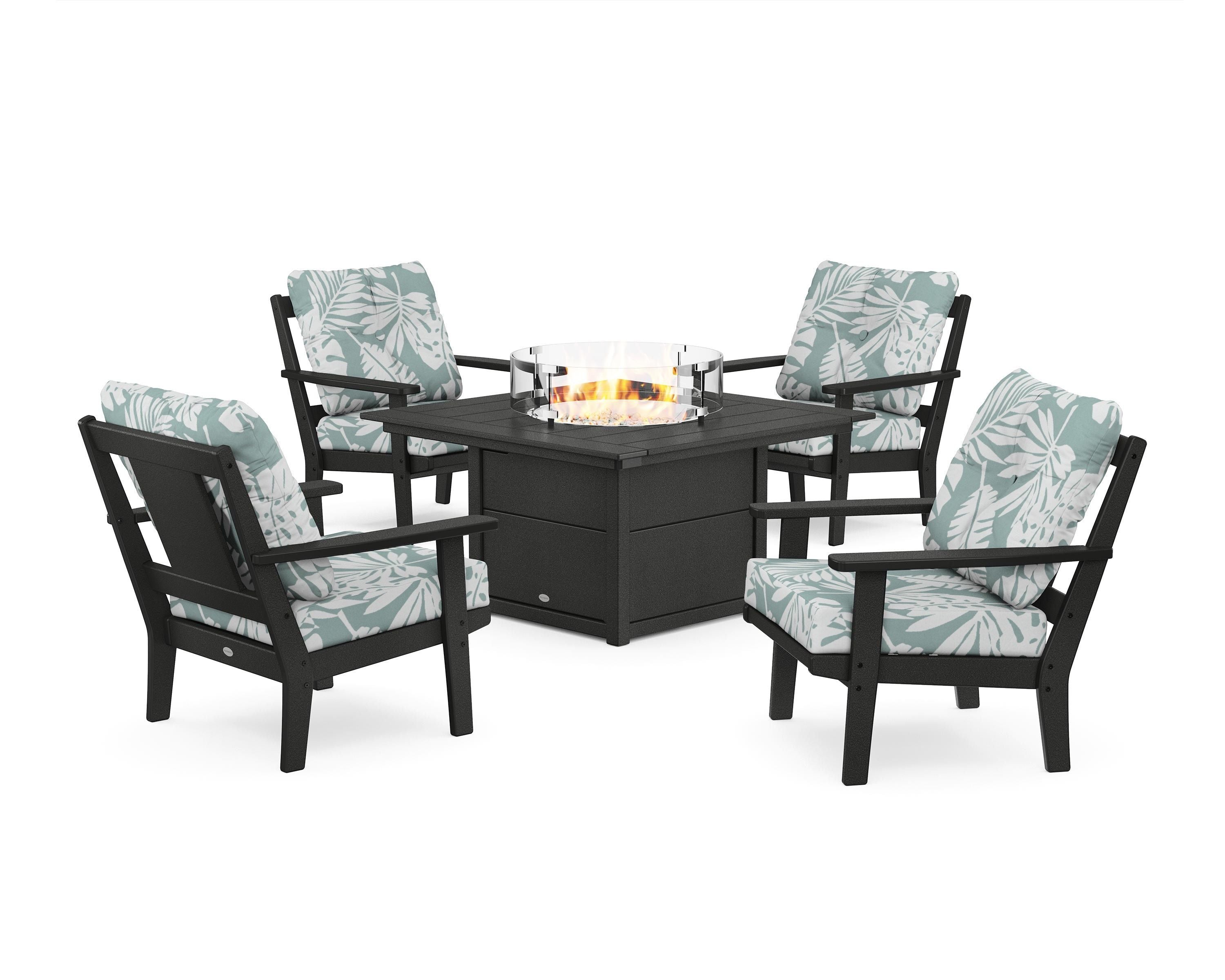 POLYWOOD Prairie 5-Piece Deep Seating Set with Fire Pit Table in Black / Leaf Glacier Spa