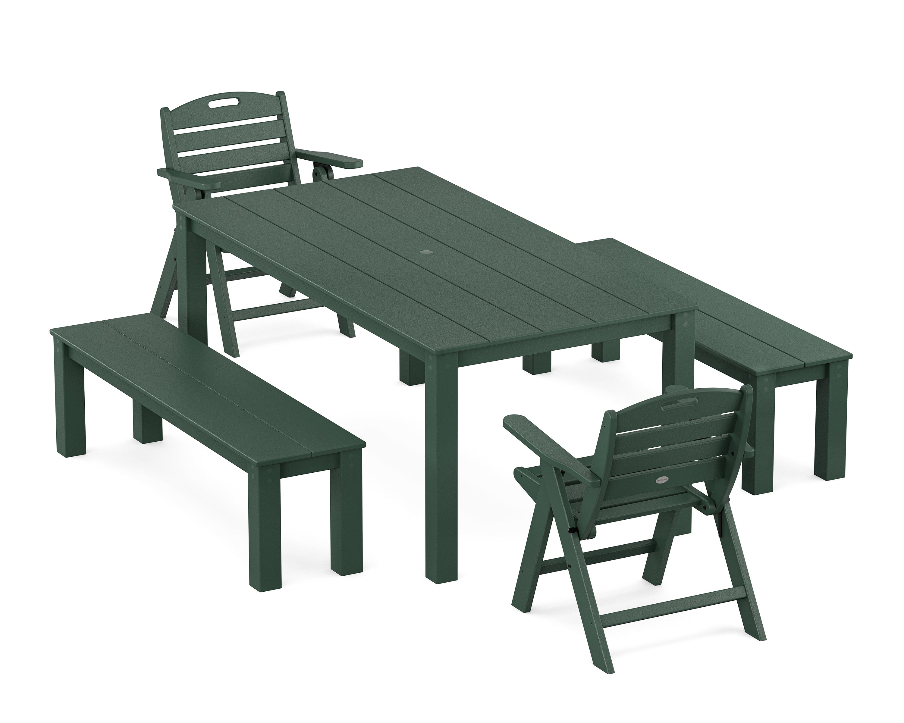POLYWOOD Nautical Folding Lowback Chair 5-Piece Parsons Dining Set with Benches in Green