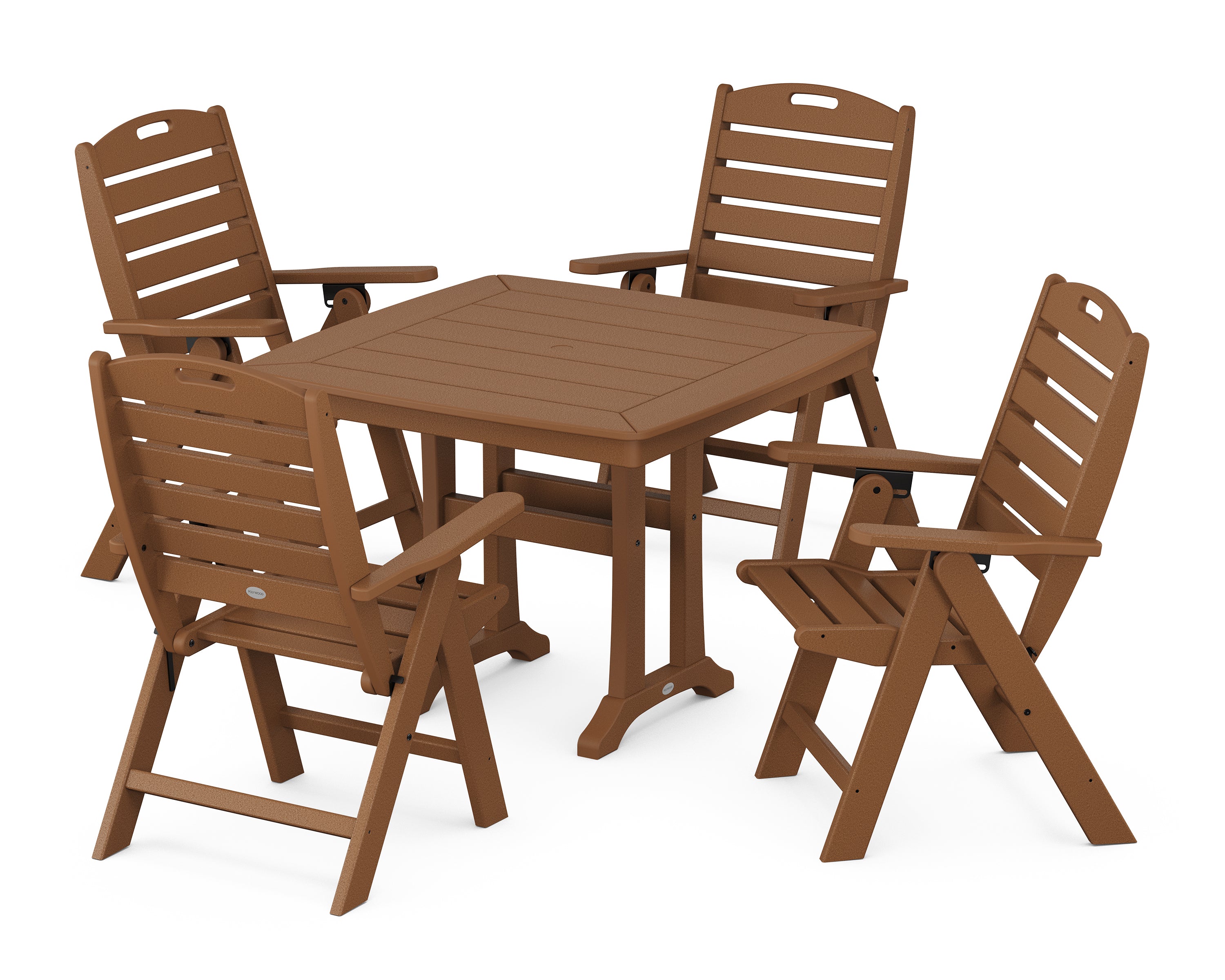 POLYWOOD Nautical Folding Highback Chair 5-Piece Dining Set with Trestle Legs in Teak