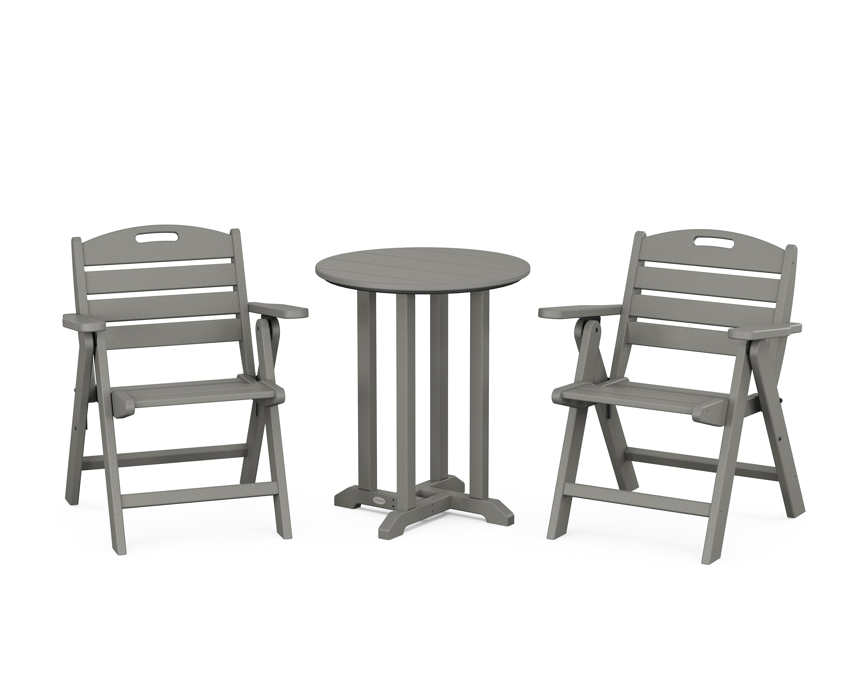 POLYWOOD Nautical Folding Lowback Chair 3-Piece Round Bistro Dining Set in Slate Grey
