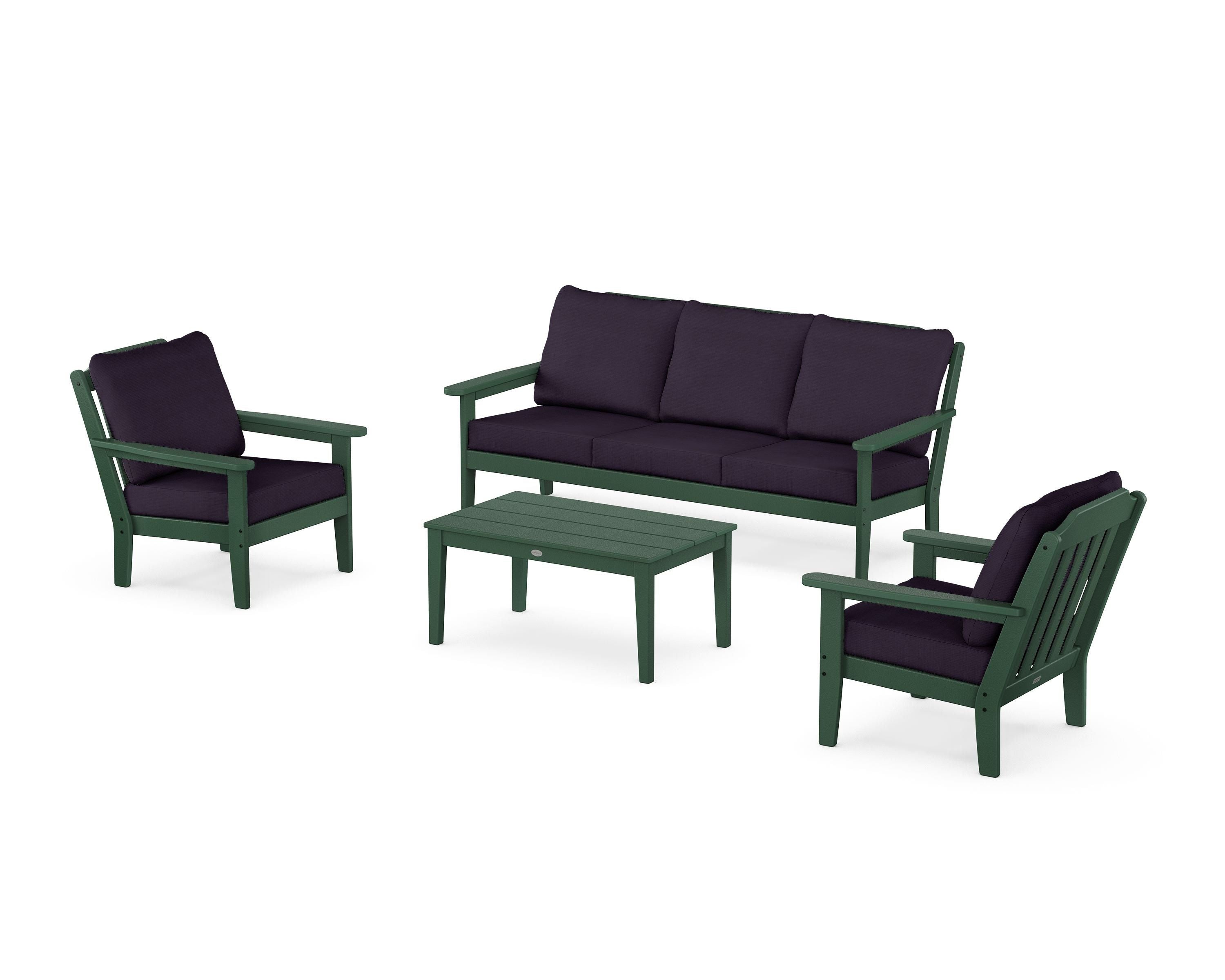 Country Living Cottage 4-Piece Deep Seating Set with Sofa in Green / Navy Linen