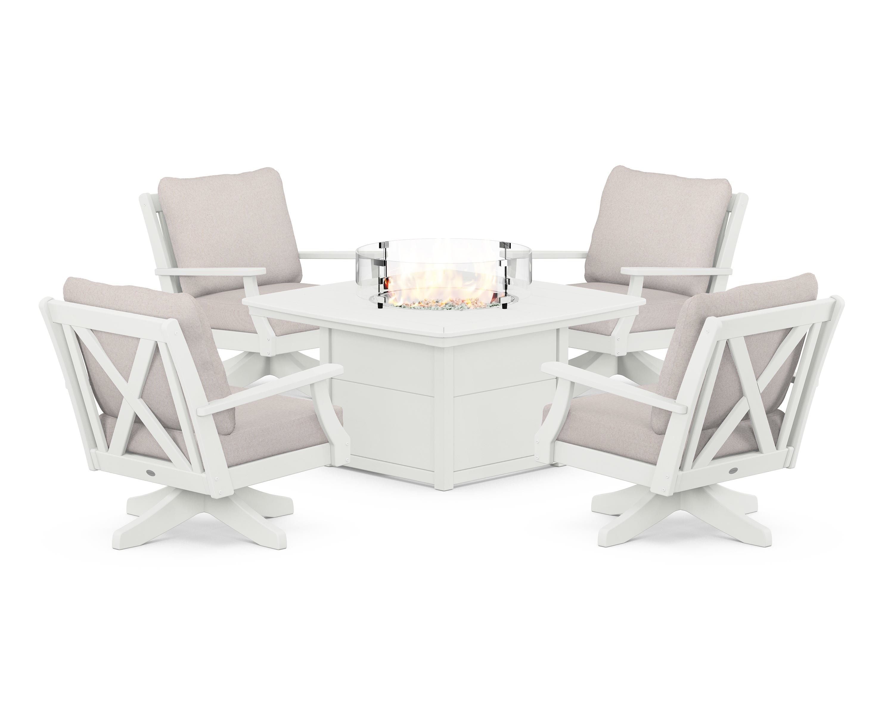 POLYWOOD Braxton 5-Piece Deep Seating Swivel Conversation Set with Fire Pit Table in Vintage White / Dune Burlap