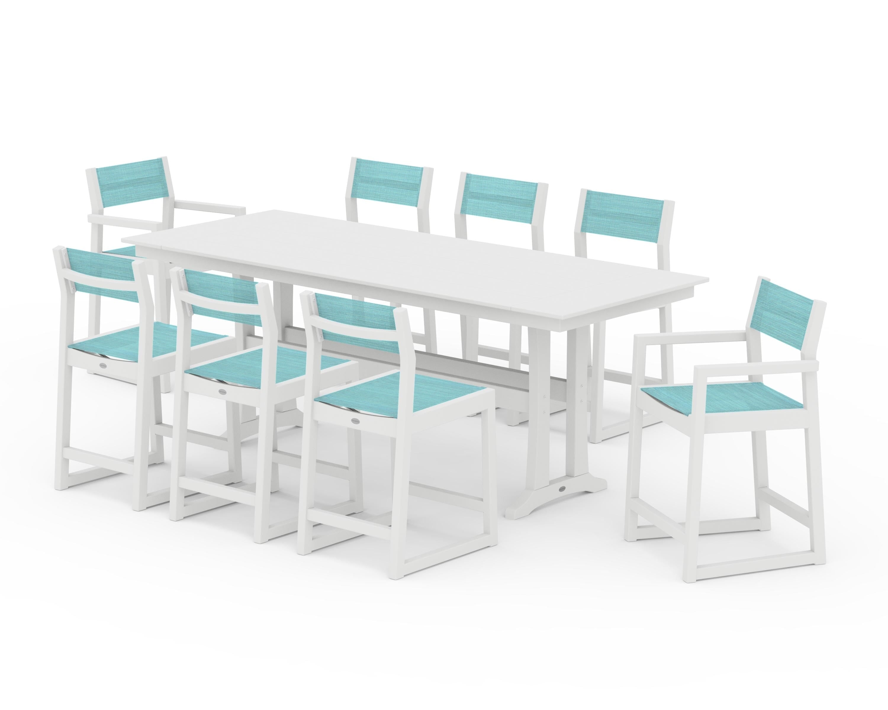 POLYWOOD EDGE Sling 9-Piece Farmhouse Counter Set with Trestle Legs in White / Dupioni Aquamarine Sling