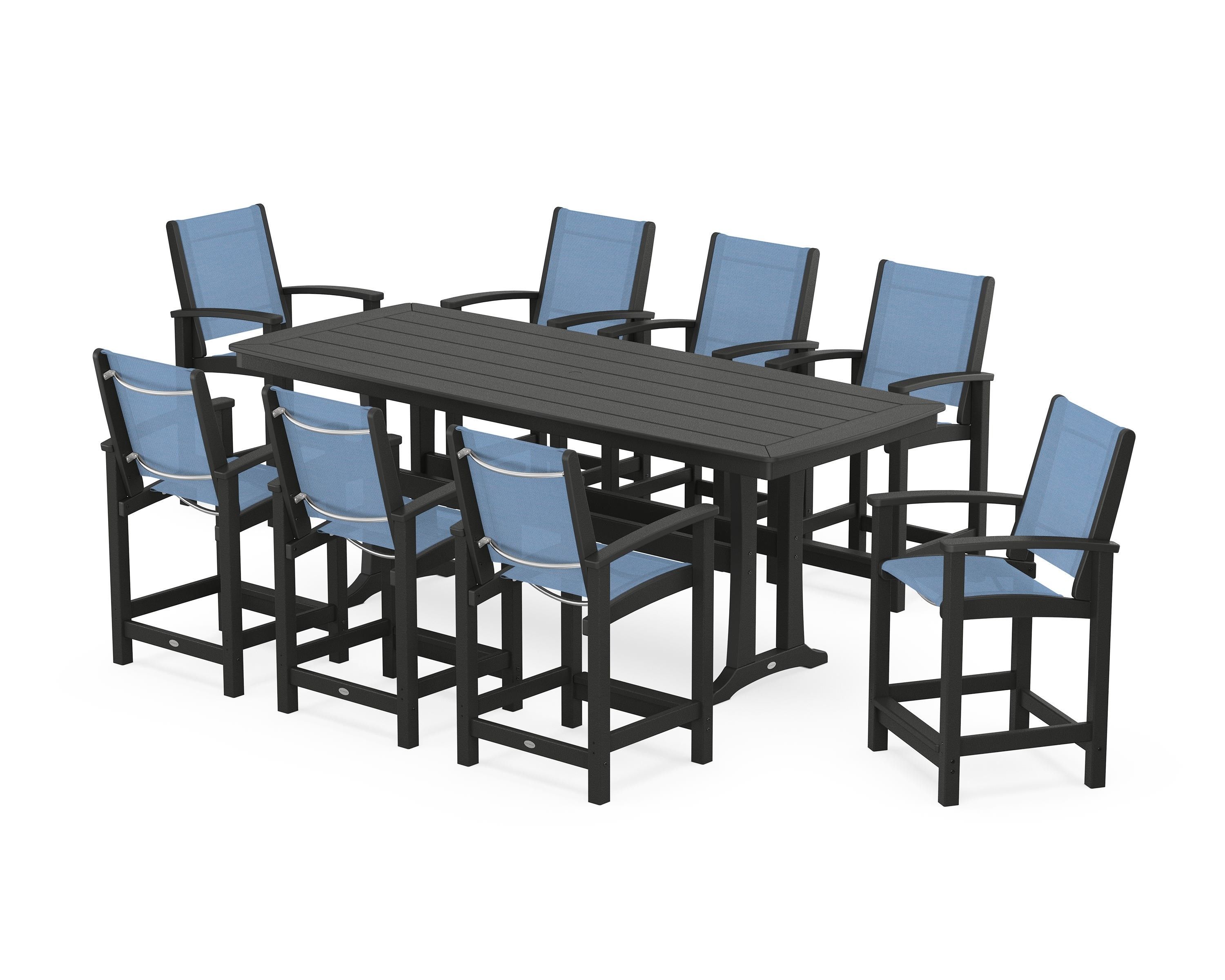 POLYWOOD Coastal 9-Piece Counter Set with Trestle Legs in Black / Poolside Sling