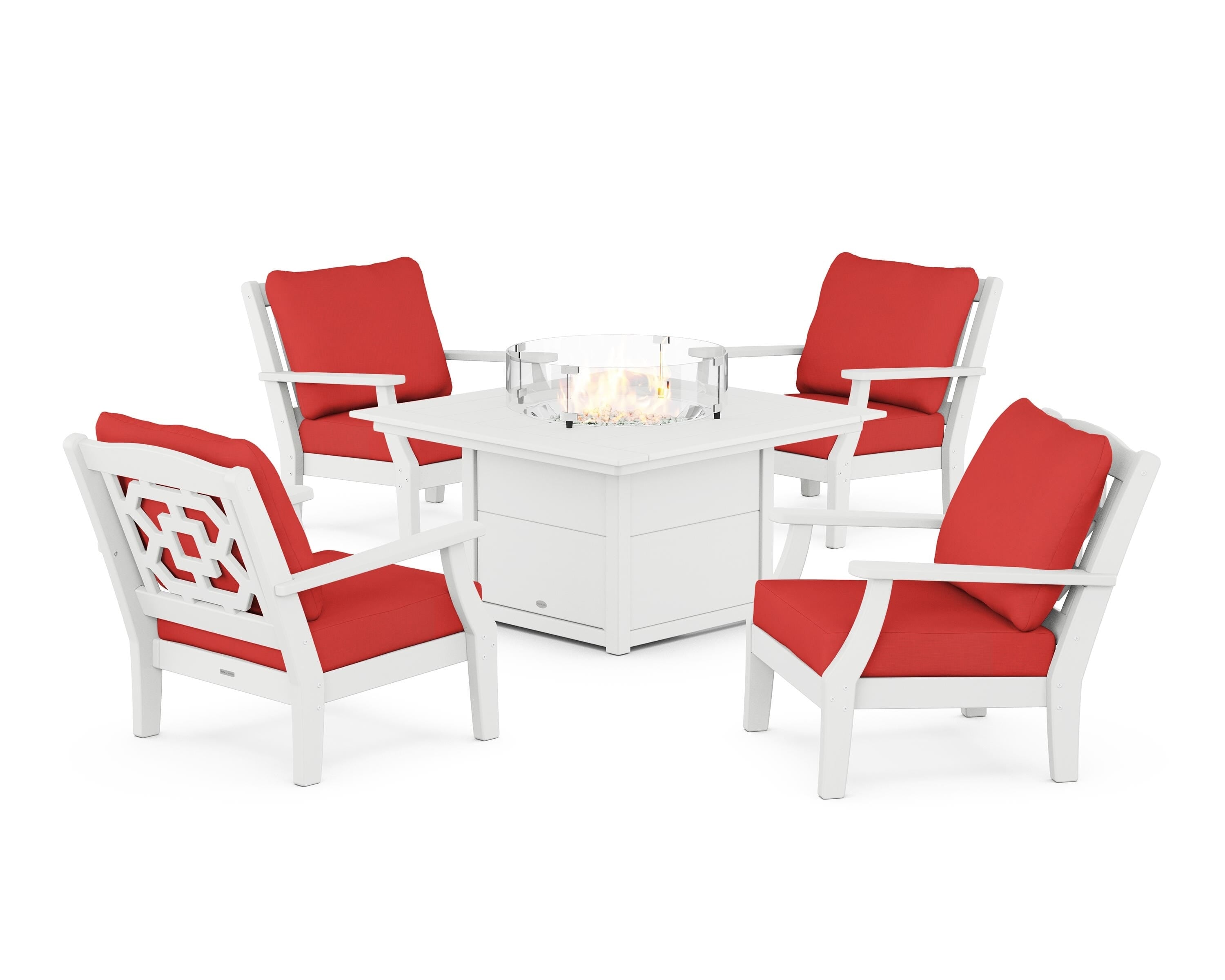 Martha Stewart by POLYWOOD Chinoiserie 5-Piece Deep Seating Set with Fire Pit Table in White / Crimson Linen