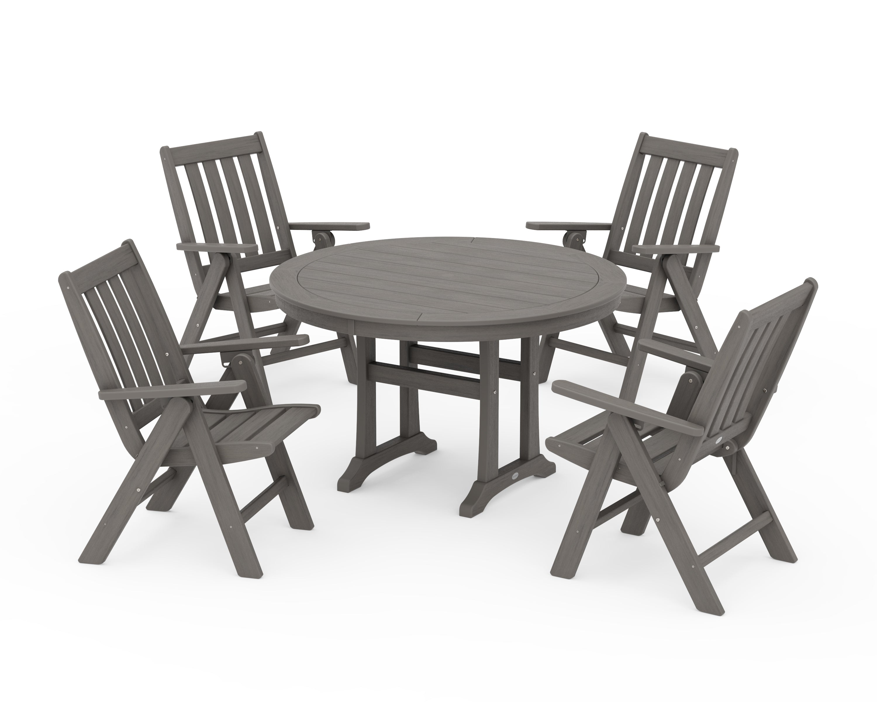 POLYWOOD Vineyard Folding Chair 5-Piece Round Dining Set with Trestle Legs in Driftwood