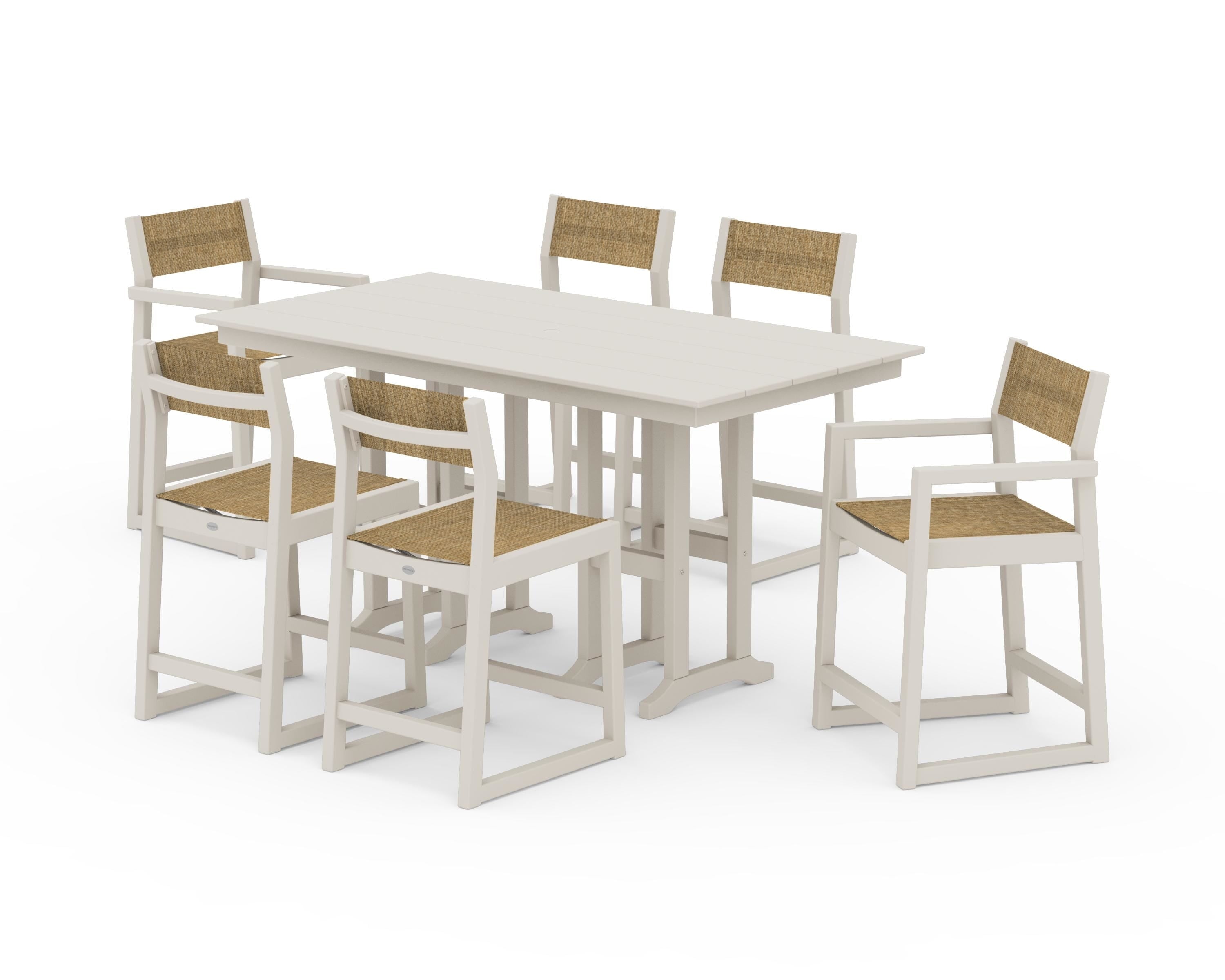 POLYWOOD EDGE Sling 7-Piece Farmhouse Counter Set with Trestle Legs in Sand / Burlap Sling