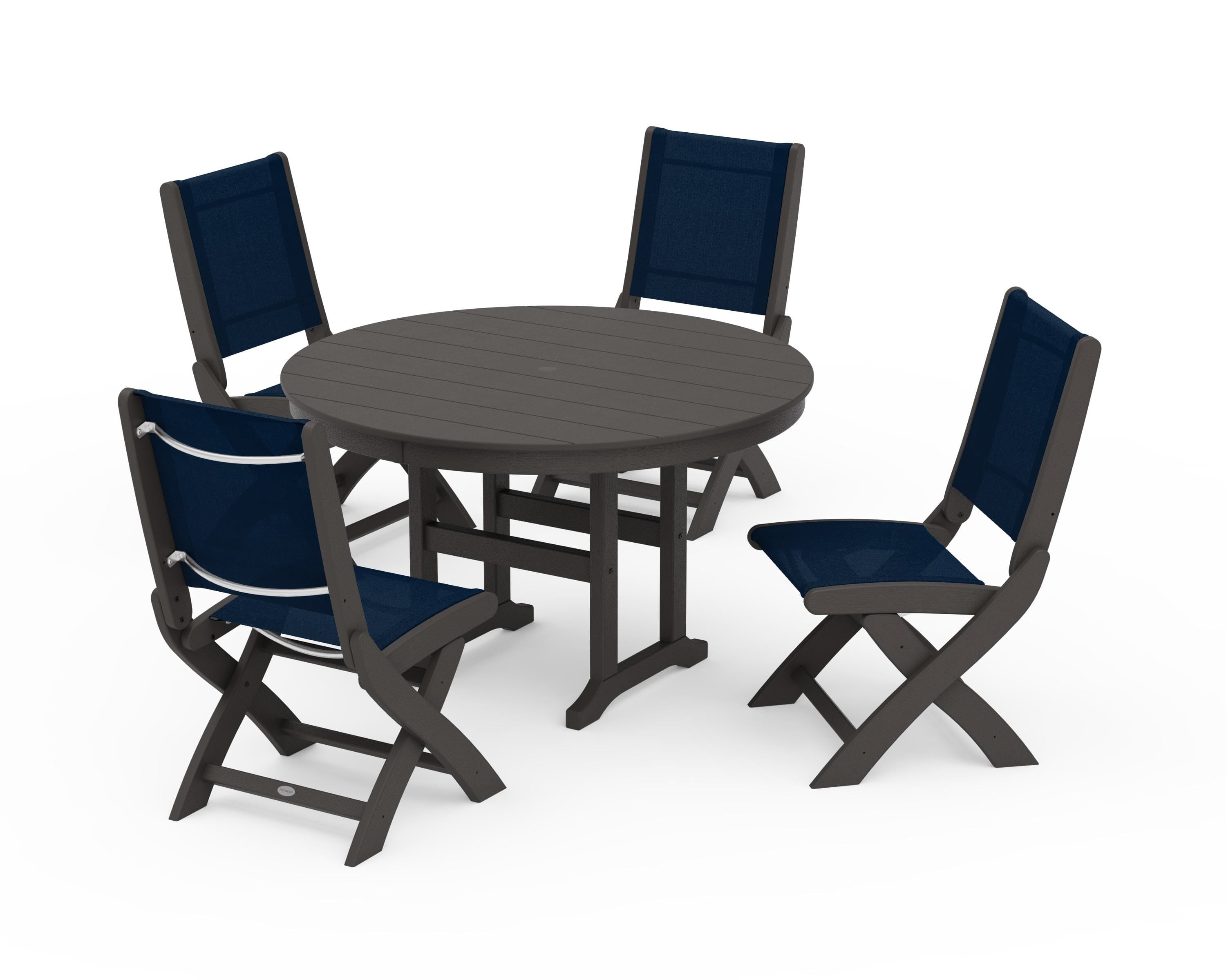 POLYWOOD Coastal Folding Side Chair 5-Piece Round Dining Set in Vintage Coffee / Navy Blue Sling