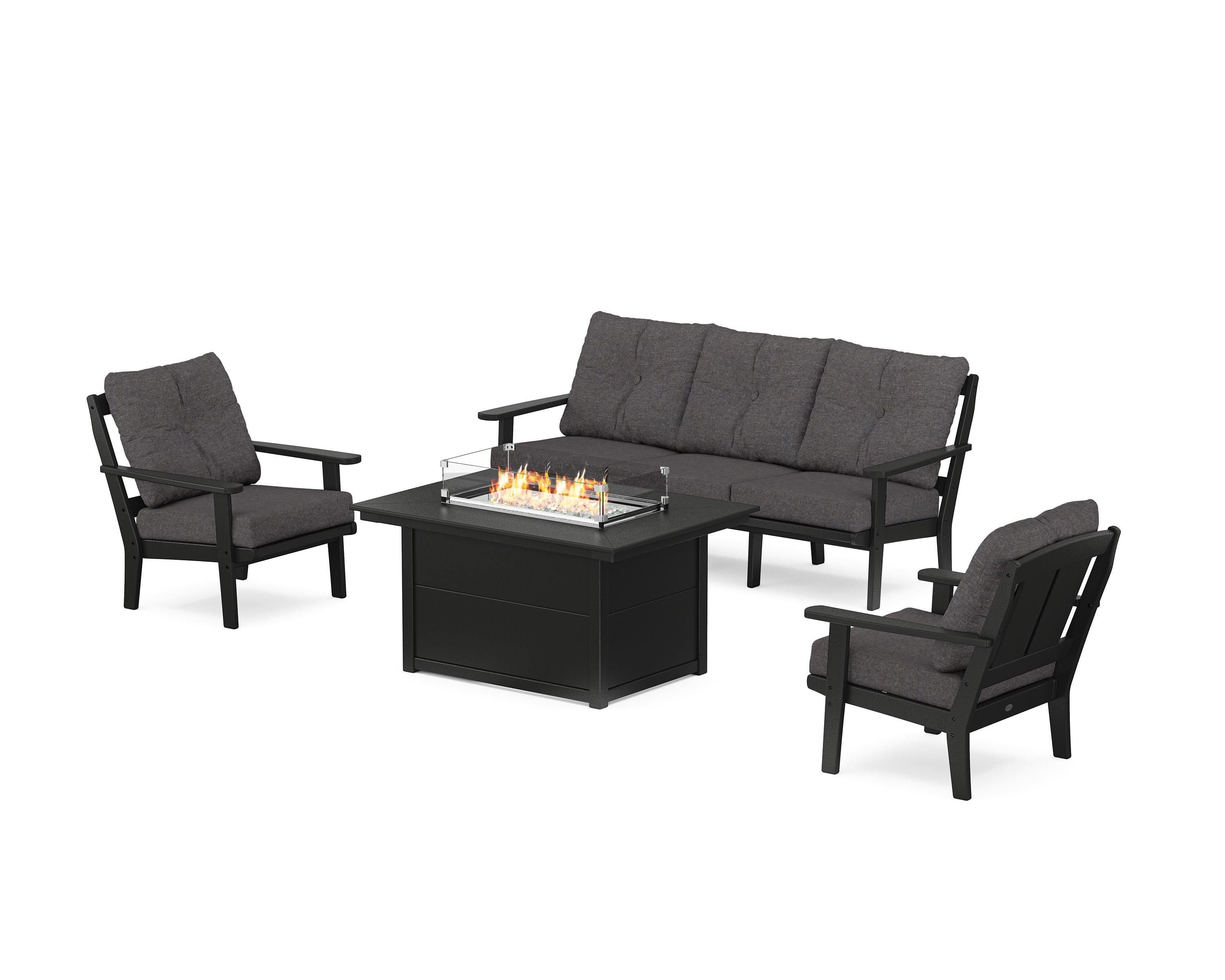 POLYWOOD Mission Deep Seating Fire Pit Table Set in Black / Ash Charcoal