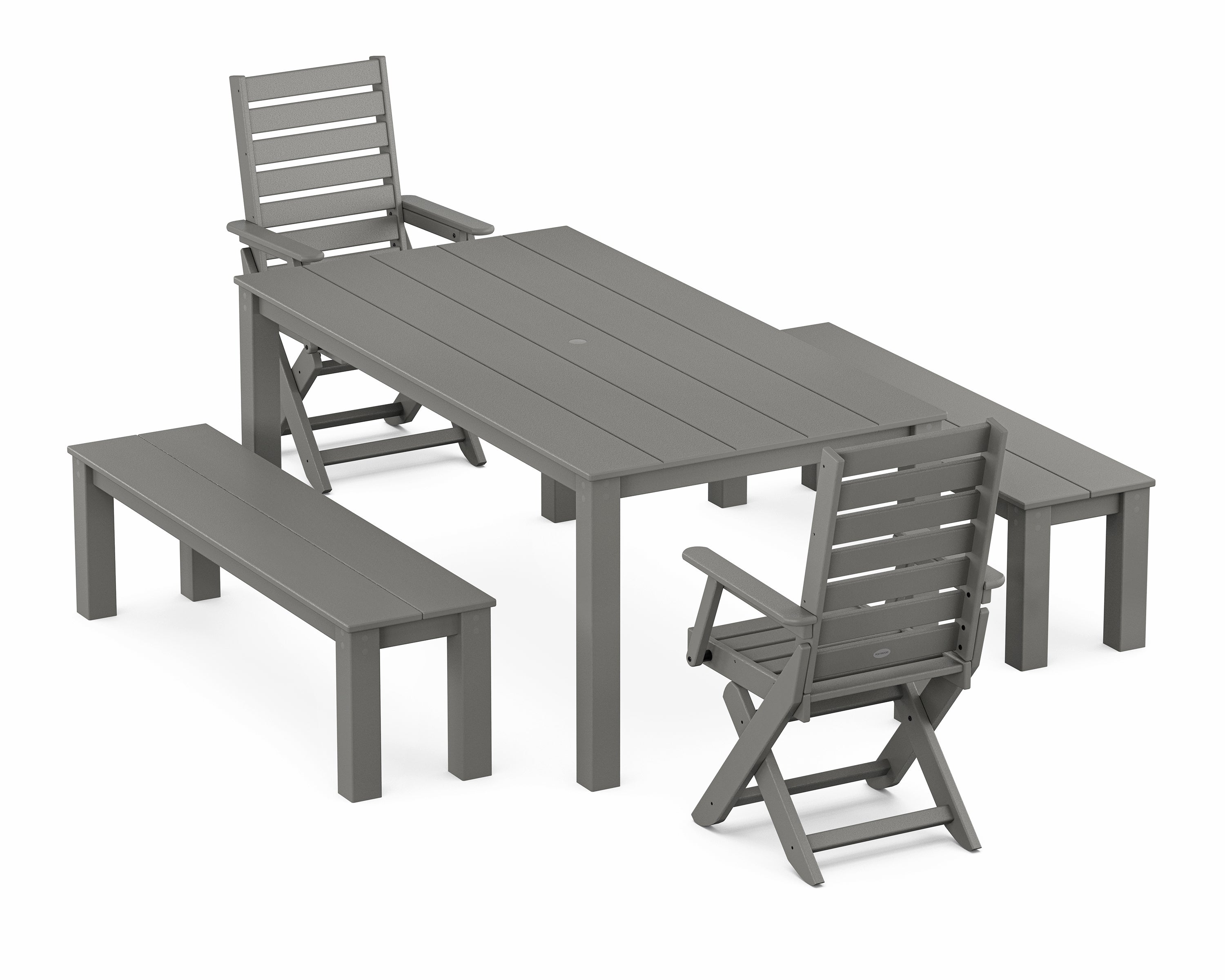 POLYWOOD Captain Folding Chair 5-Piece Parsons Dining Set with Benches in Slate Grey