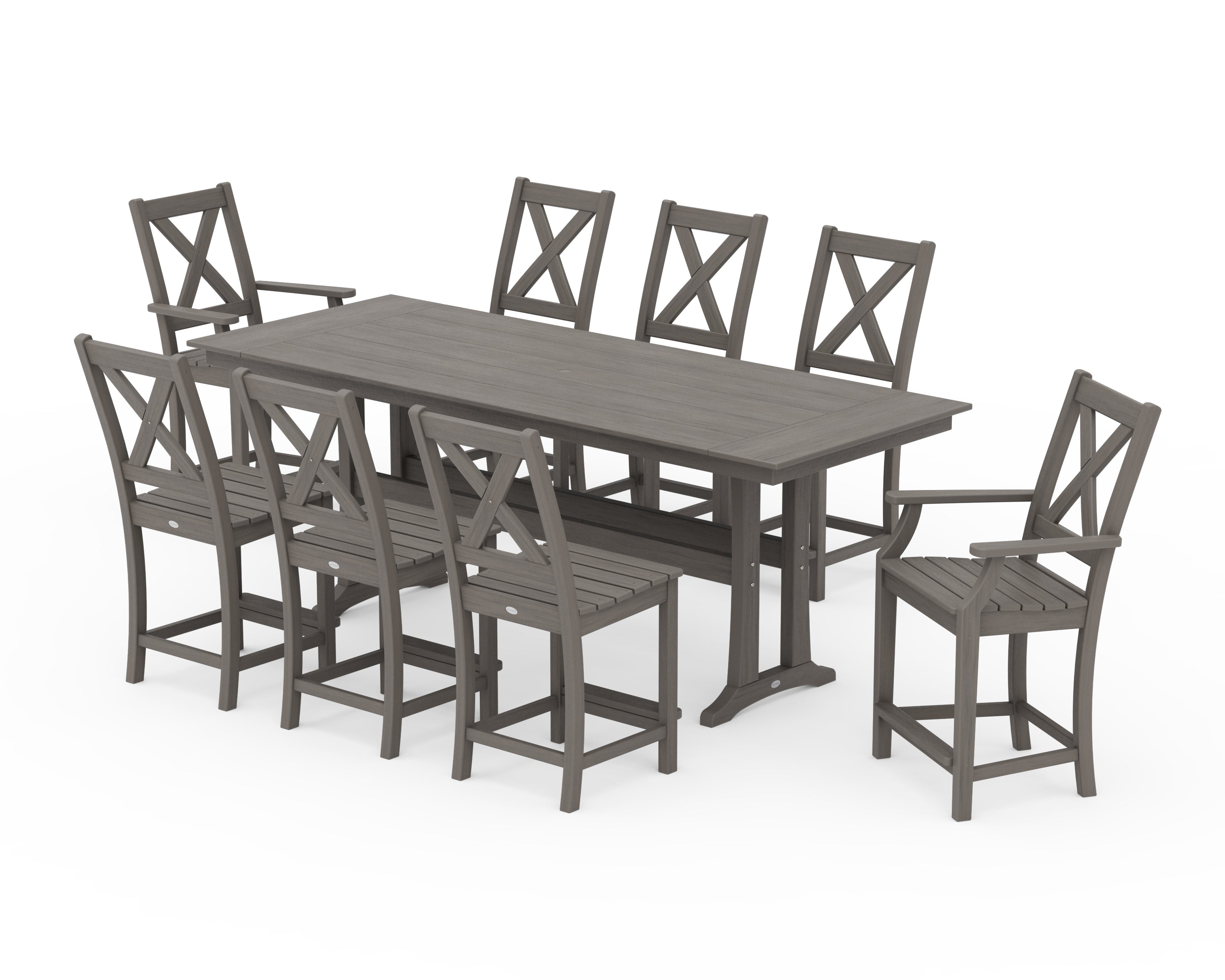 POLYWOOD Braxton 9-Piece Farmhouse Counter Set with Trestle Legs in Driftwood