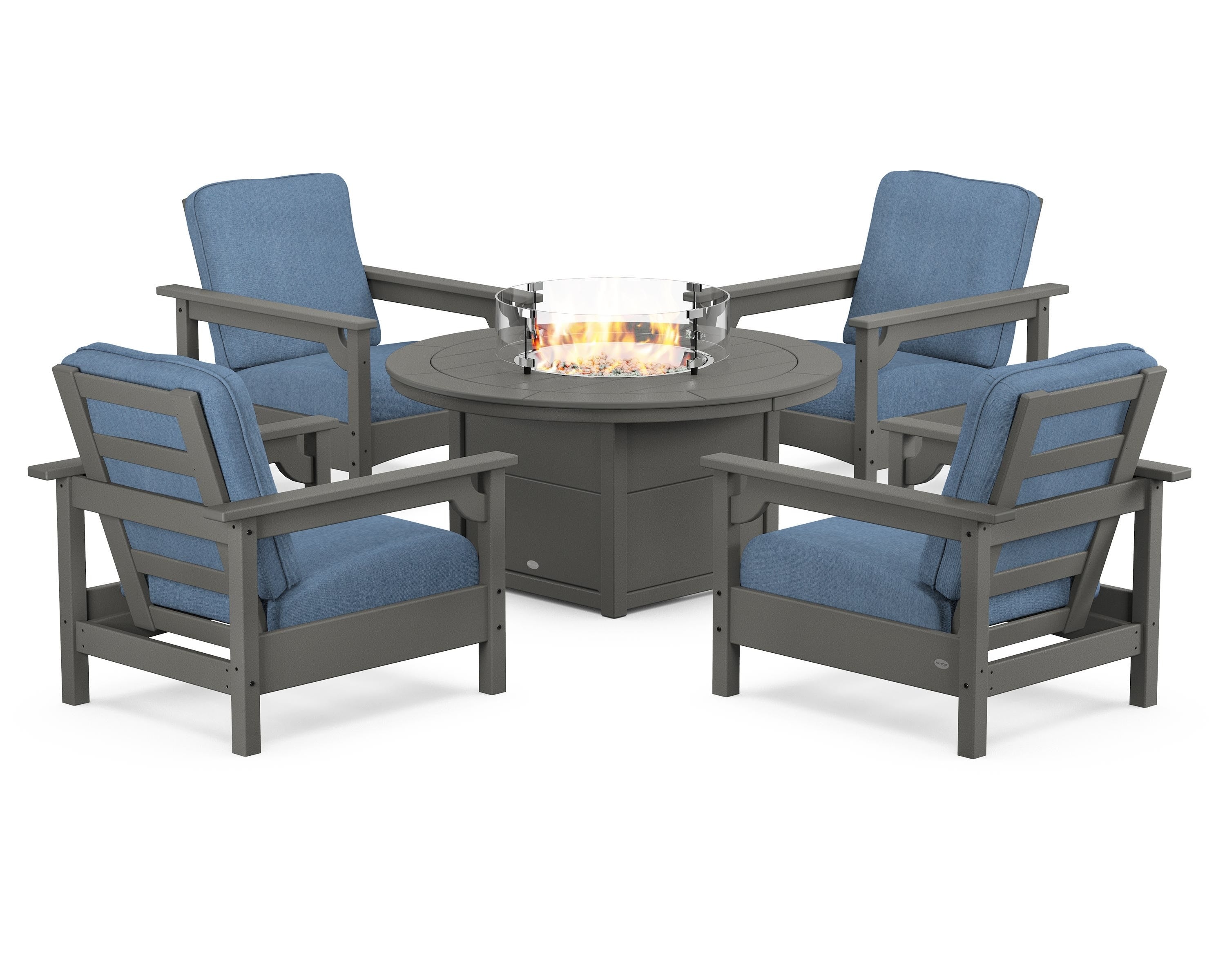 POLYWOOD Club 5-Piece Conversation Set with Fire Pit Table in Slate Grey / Sky Blue