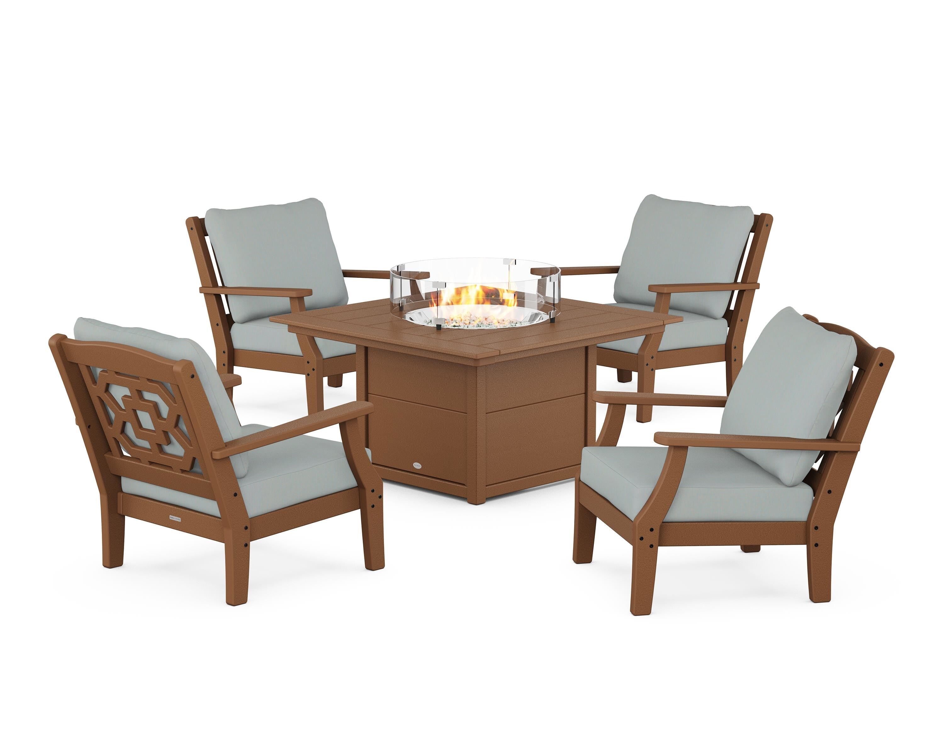 Martha Stewart by POLYWOOD Chinoiserie 5-Piece Deep Seating Set with Fire Pit Table in Teak / Spa