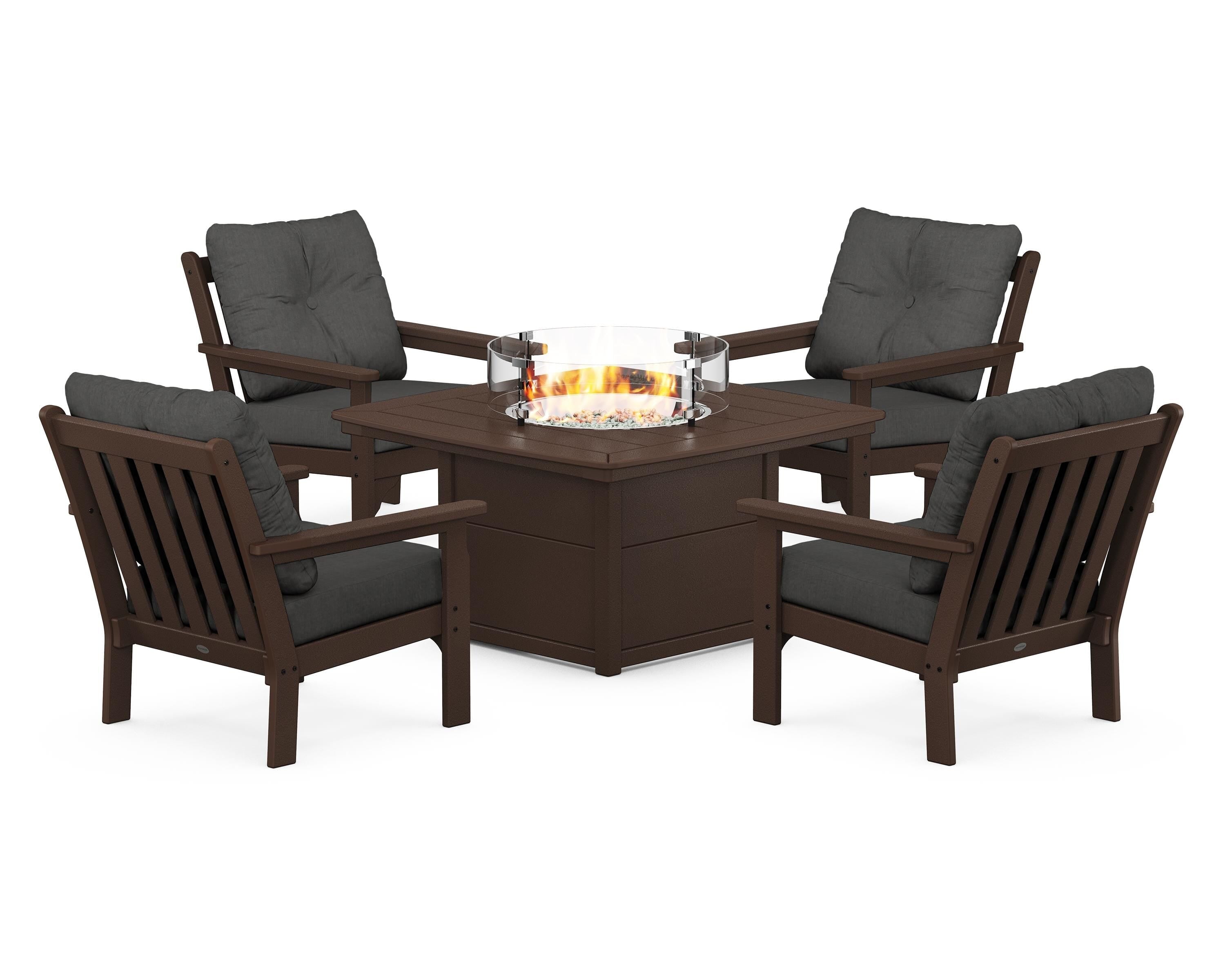 POLYWOOD Vineyard 5-Piece Conversation Set with Fire Pit Table in Mahogany / Spectrum Carbon