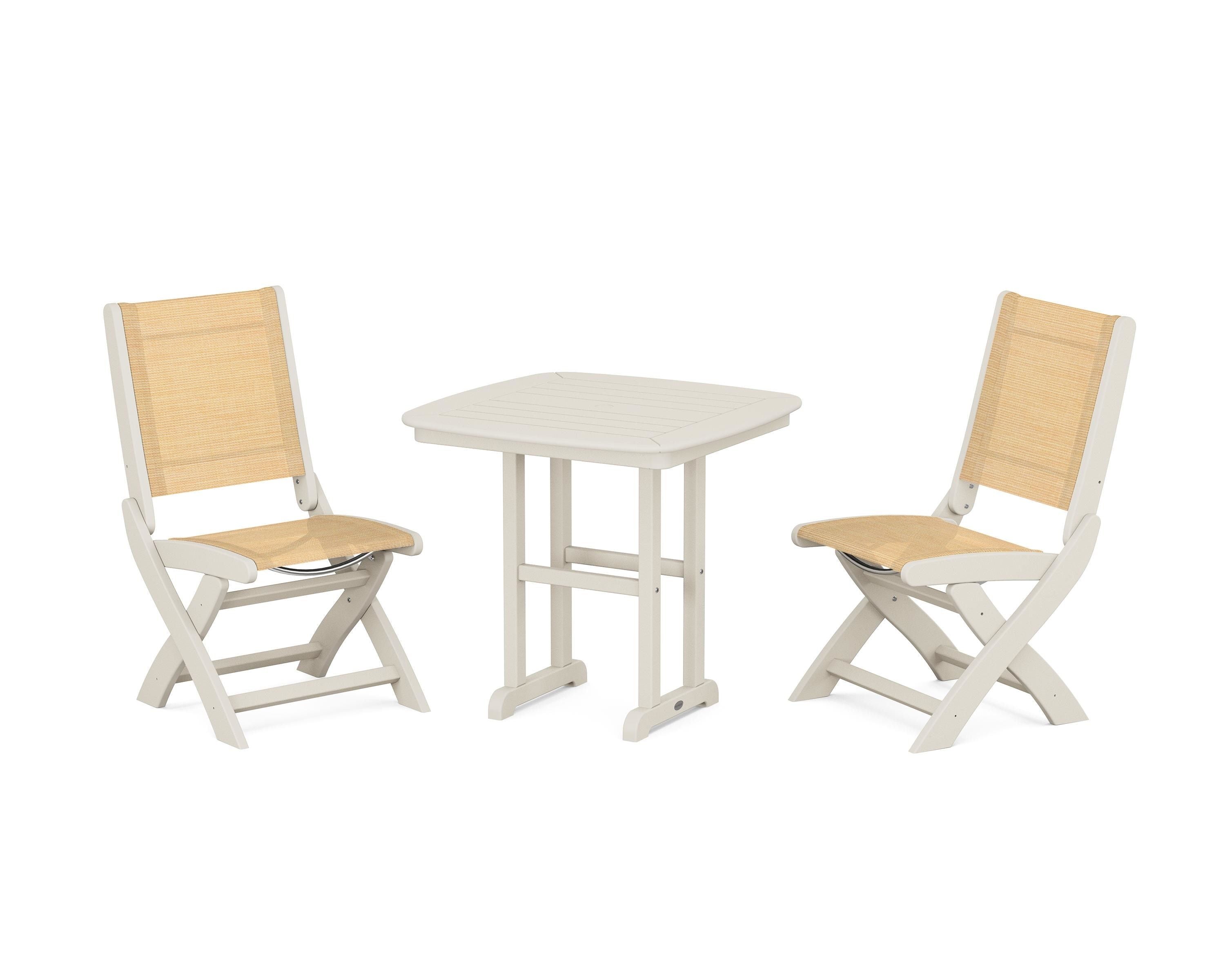 POLYWOOD Coastal Folding Side Chair 3-Piece Dining Set in Sand / Dupioni Apricot Sling
