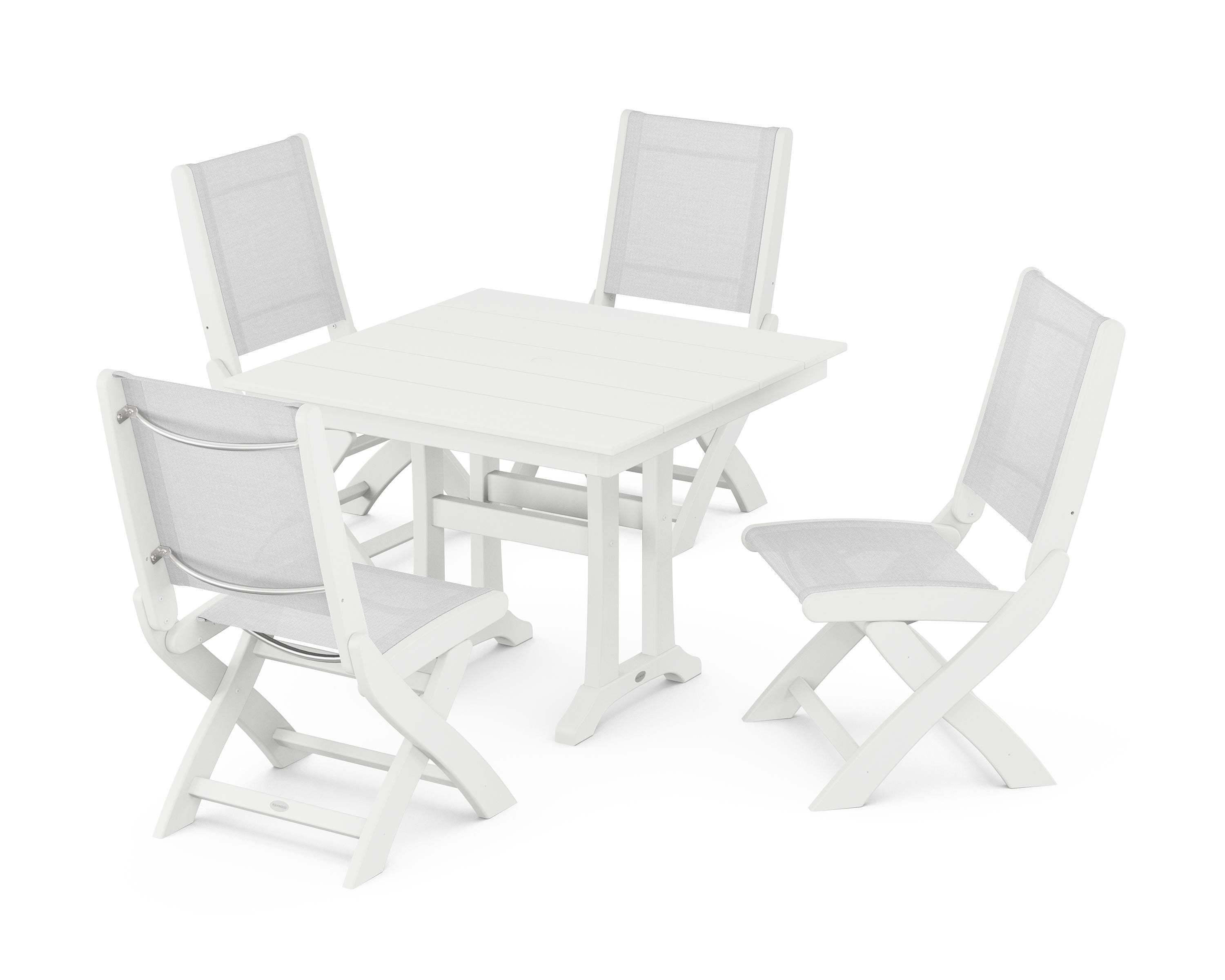 POLYWOOD Coastal Folding Side Chair 5-Piece Farmhouse Dining Set With Trestle Legs in White / White Sling