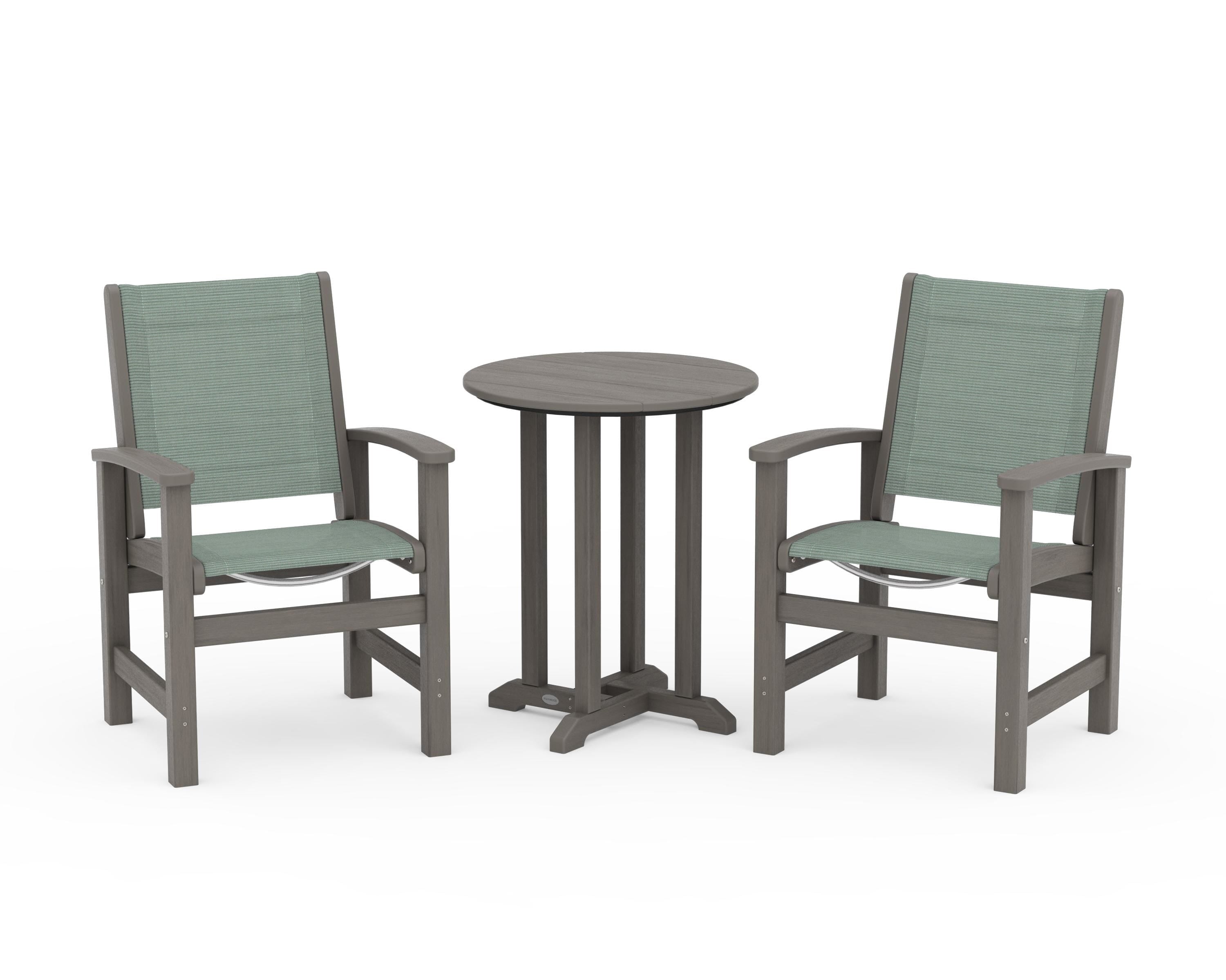 POLYWOOD Coastal 3-Piece Round Bistro Dining Set in Driftwood / Dupioni Sea Mist Sling