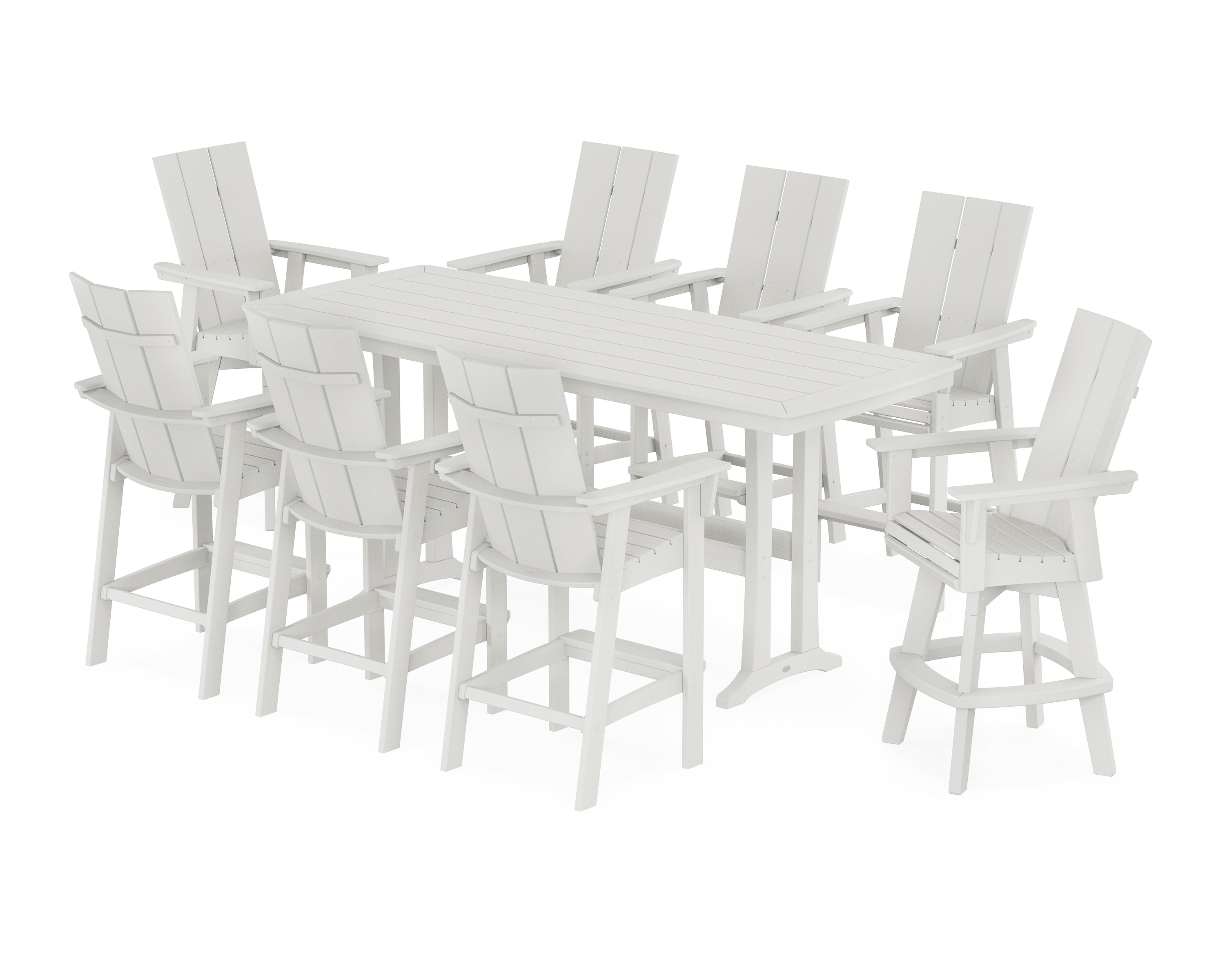 POLYWOOD® Modern Curveback Adirondack Swivel 9-Piece Bar Set with Trestle Legs in Vintage White