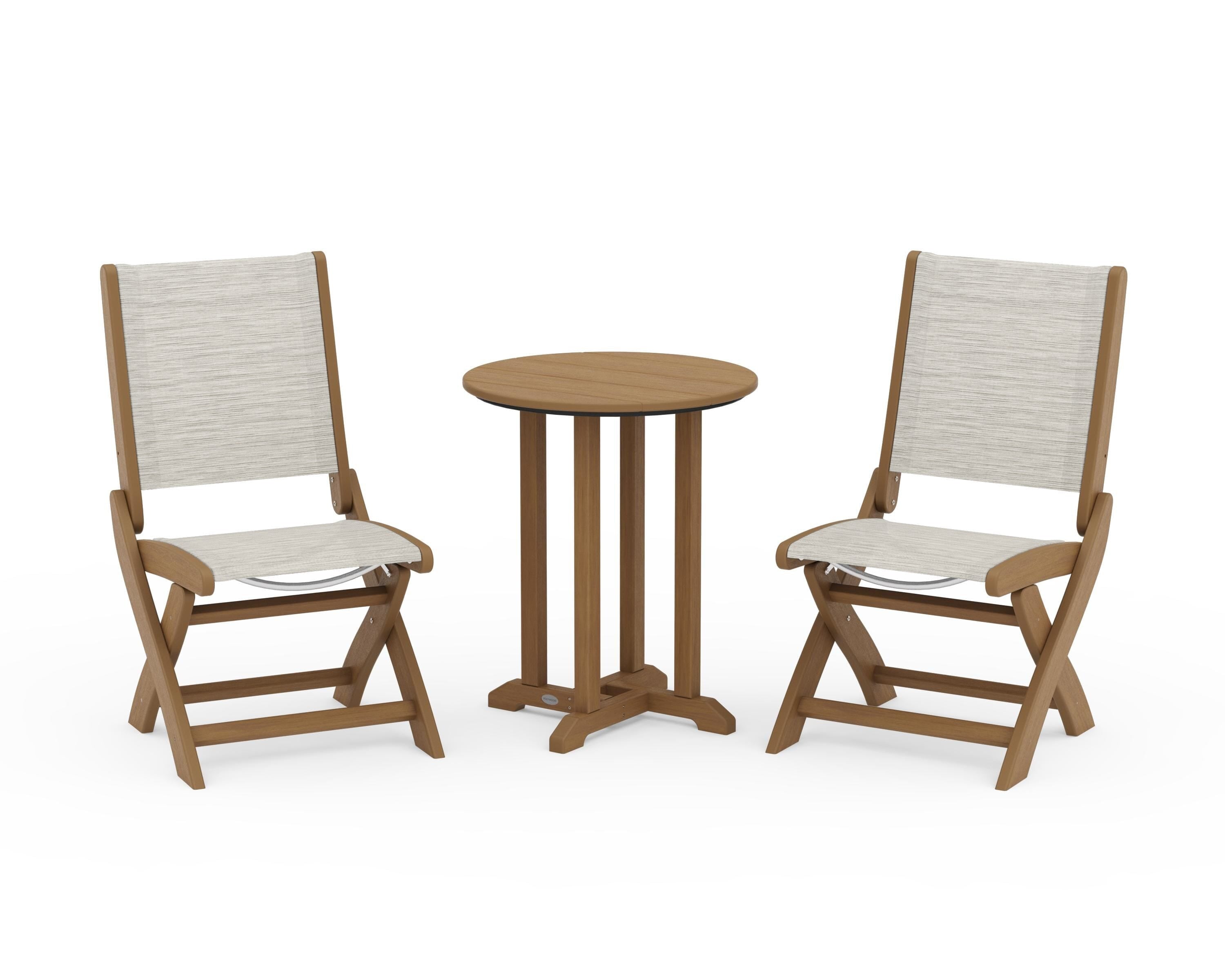 POLYWOOD Coastal Folding Side Chair 3-Piece Round Bistro Dining Set in Natural / Birch Sling