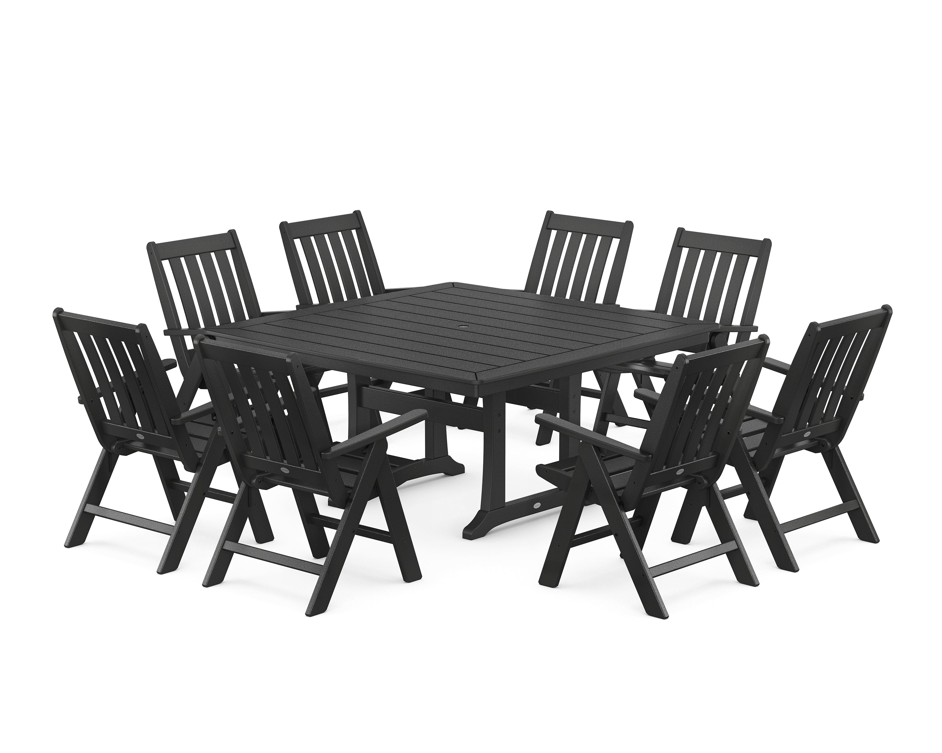 POLYWOOD Vineyard Folding Chair 9-Piece Square Dining Set with Trestle Legs in Black