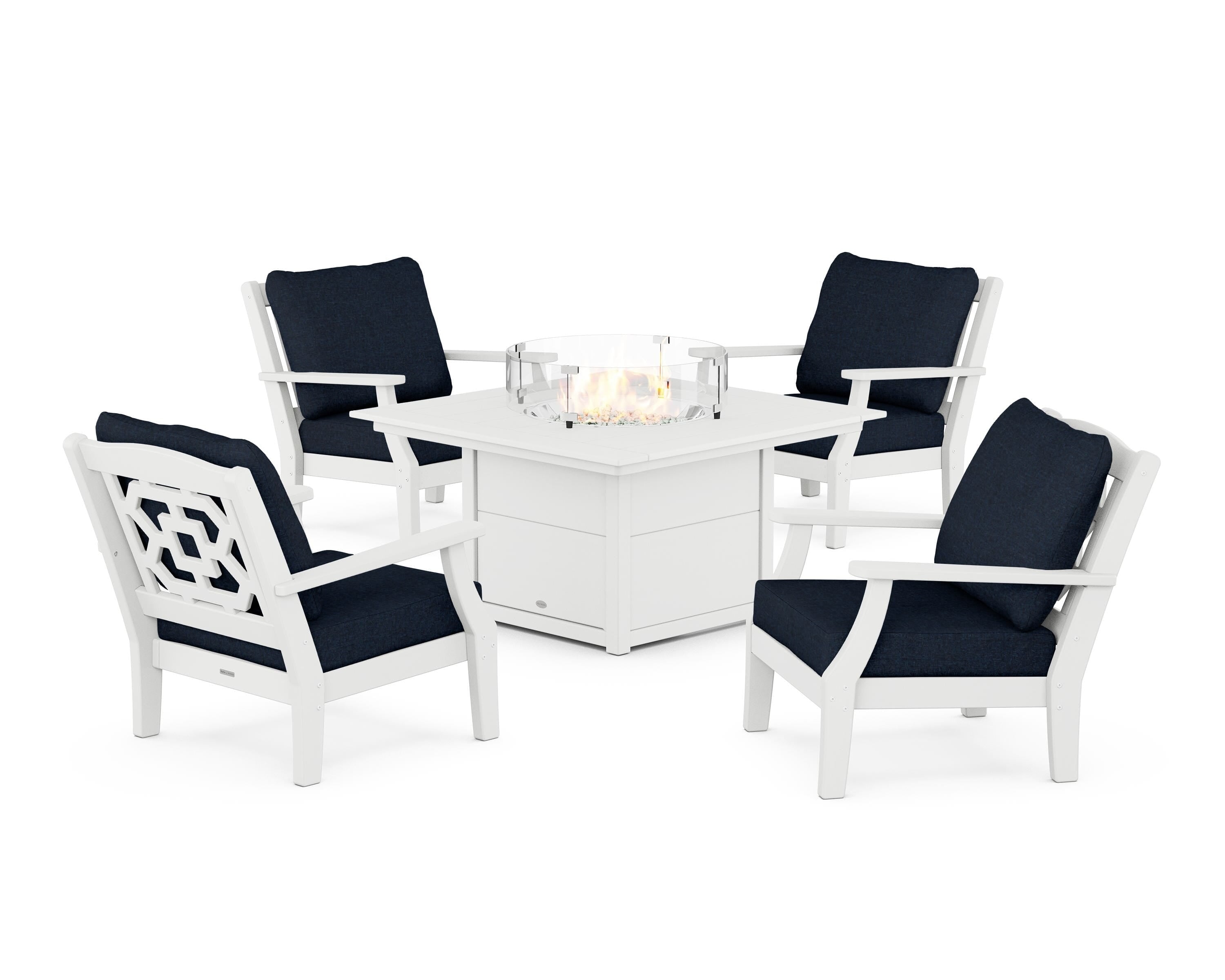 Martha Stewart by POLYWOOD Chinoiserie 5-Piece Deep Seating Set with Fire Pit Table in White / Marine Indigo