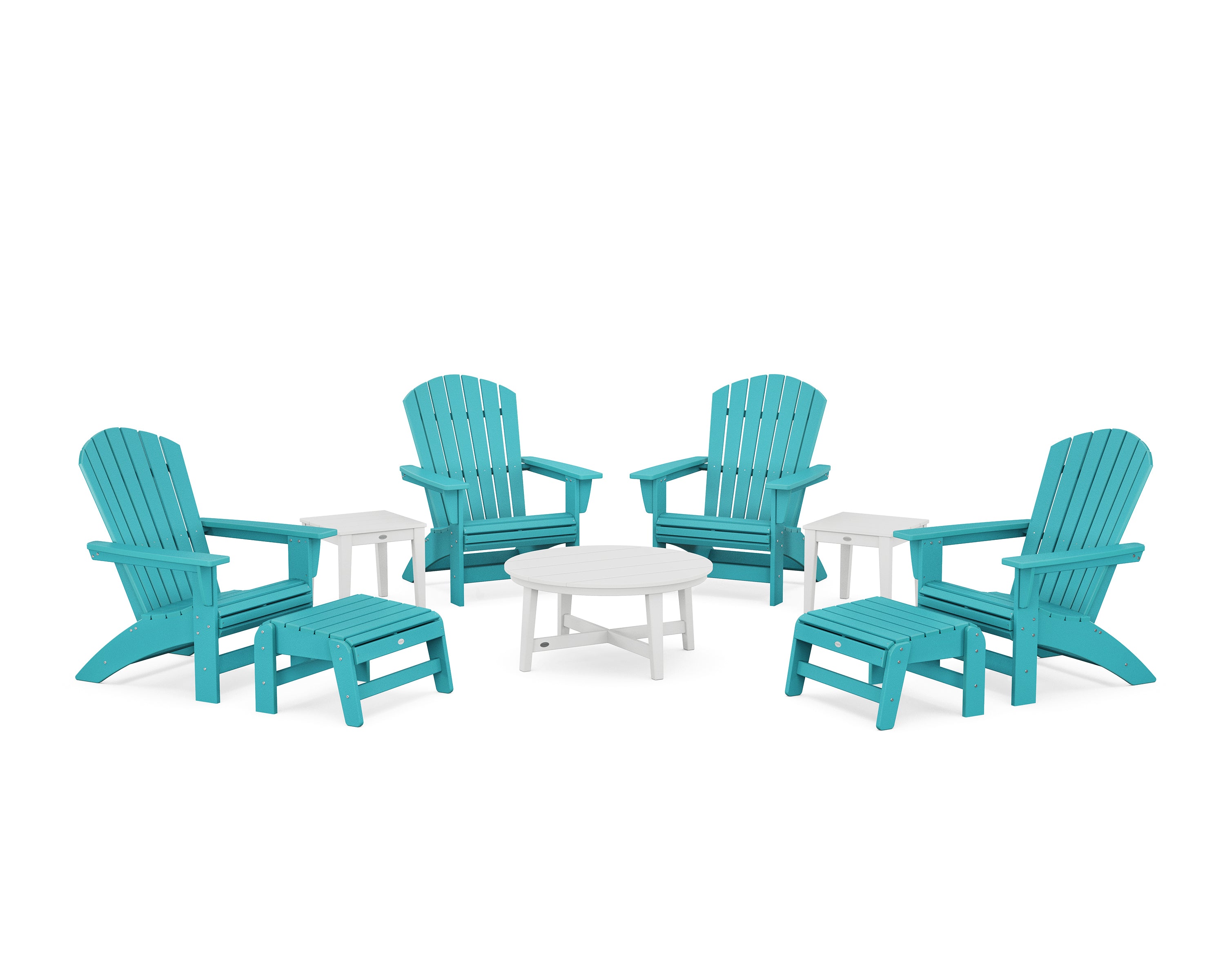 POLYWOOD Nautical Grand Adirondack 9-Piece Conversation Set in Aruba / White