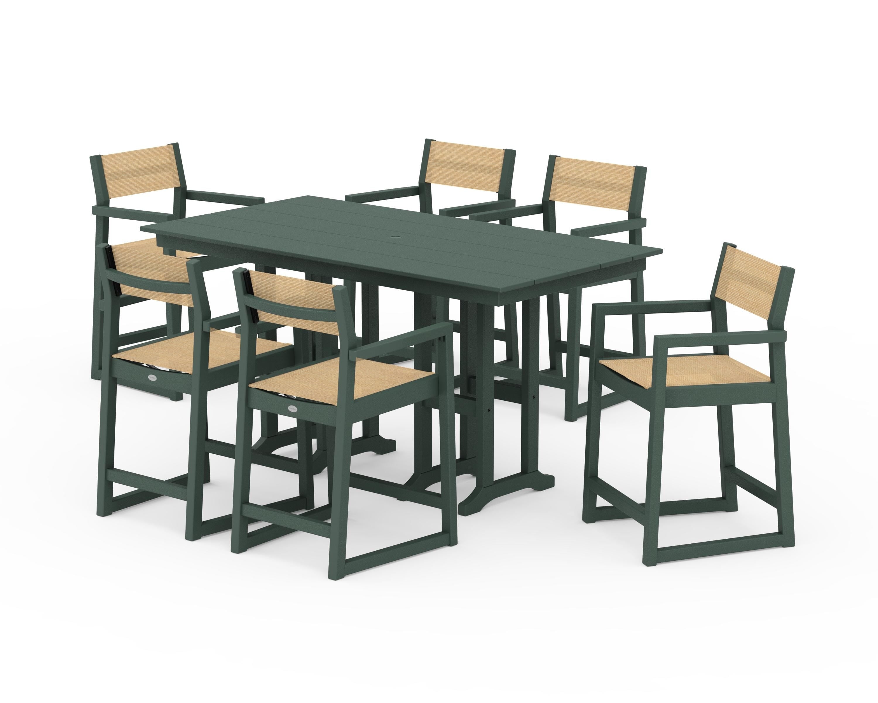 POLYWOOD EDGE Sling Arm Chair 7-Piece Farmhouse Counter Set in Green / Dupioni Apricot Sling