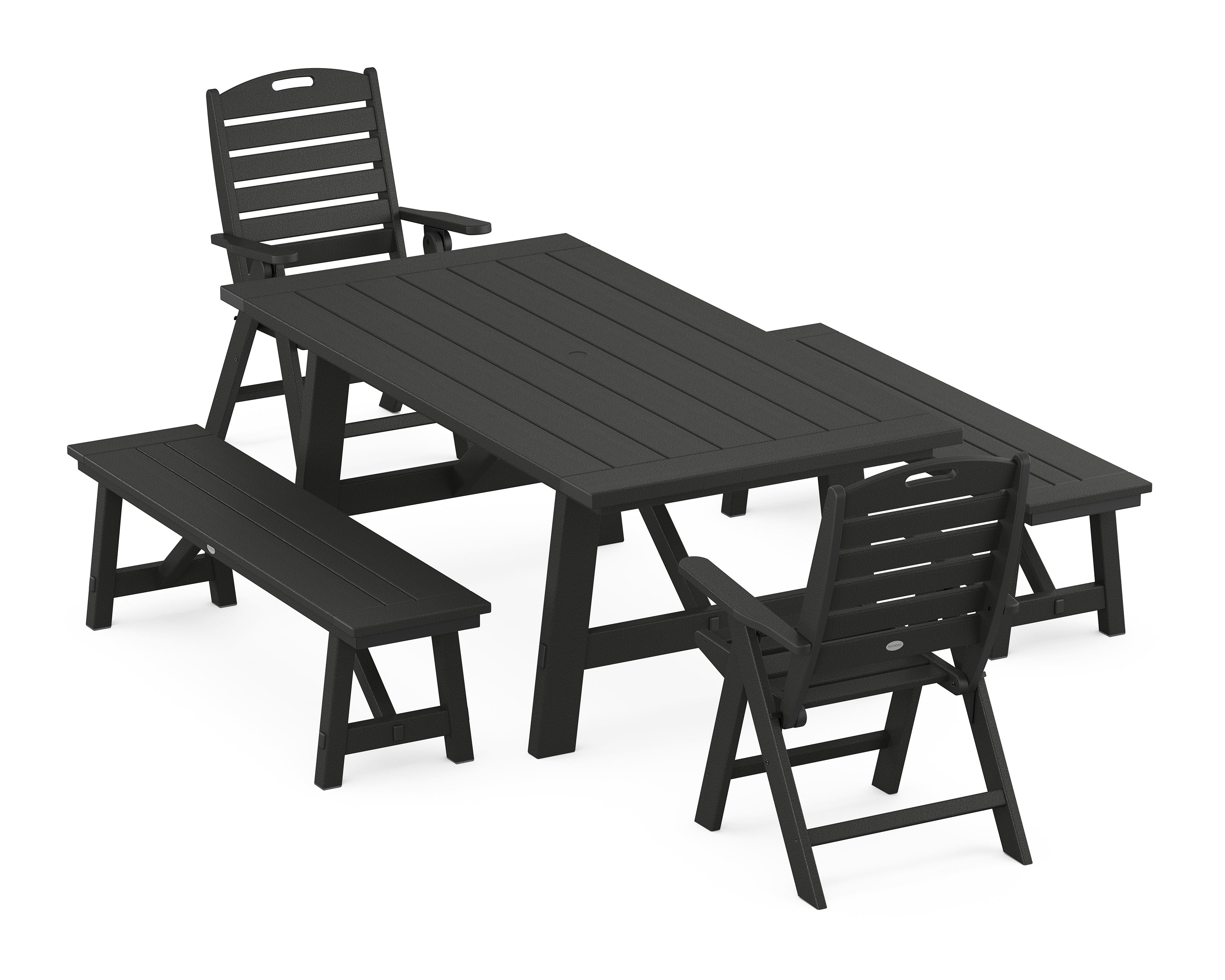 POLYWOOD Nautical Folding Highback Chair 5-Piece Rustic Farmhouse Dining Set With Benches in Black