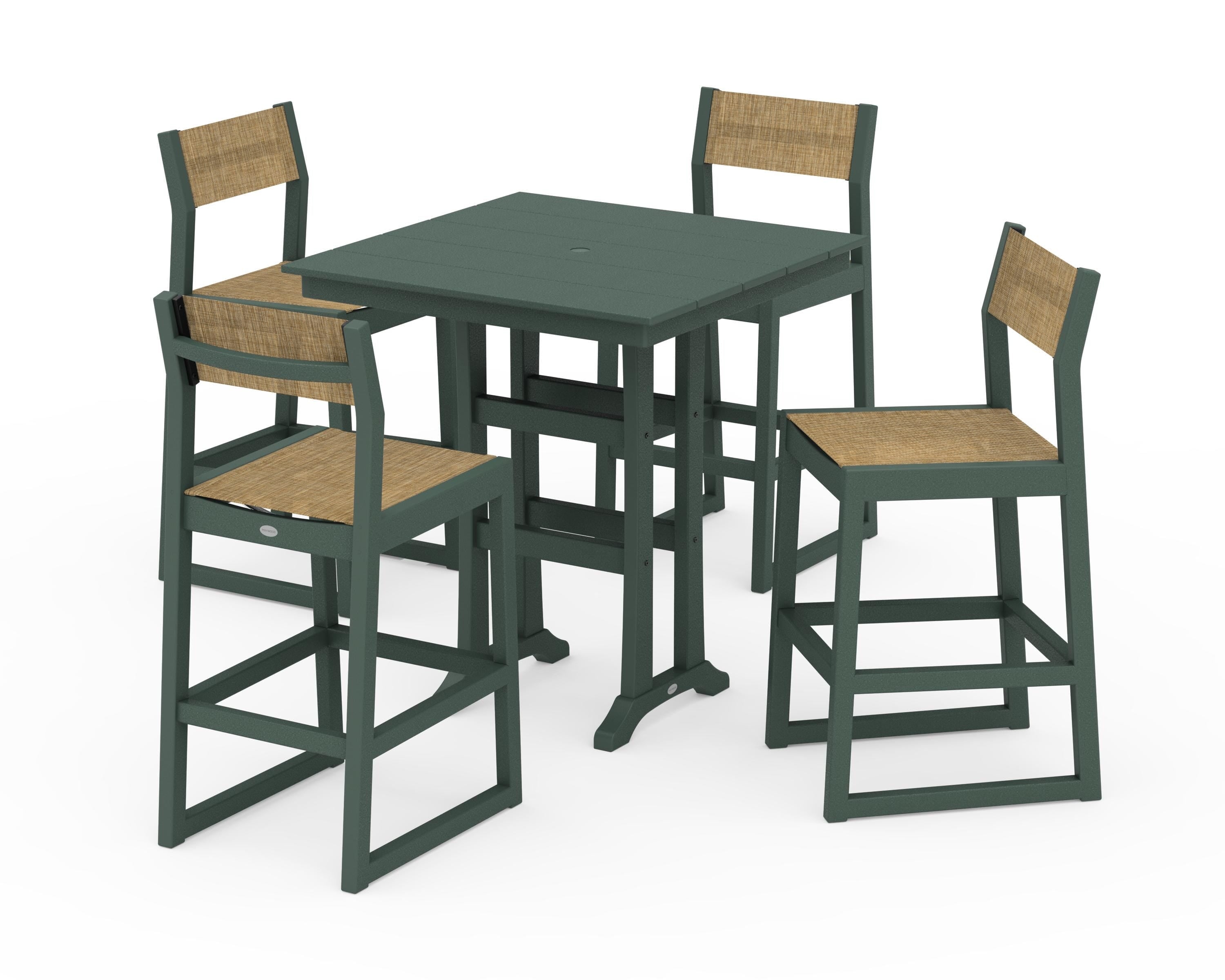 POLYWOOD EDGE Sling Arm Chair 5-Piece Farmhouse Bar Set with Trestle Legs in Green / Burlap Sling