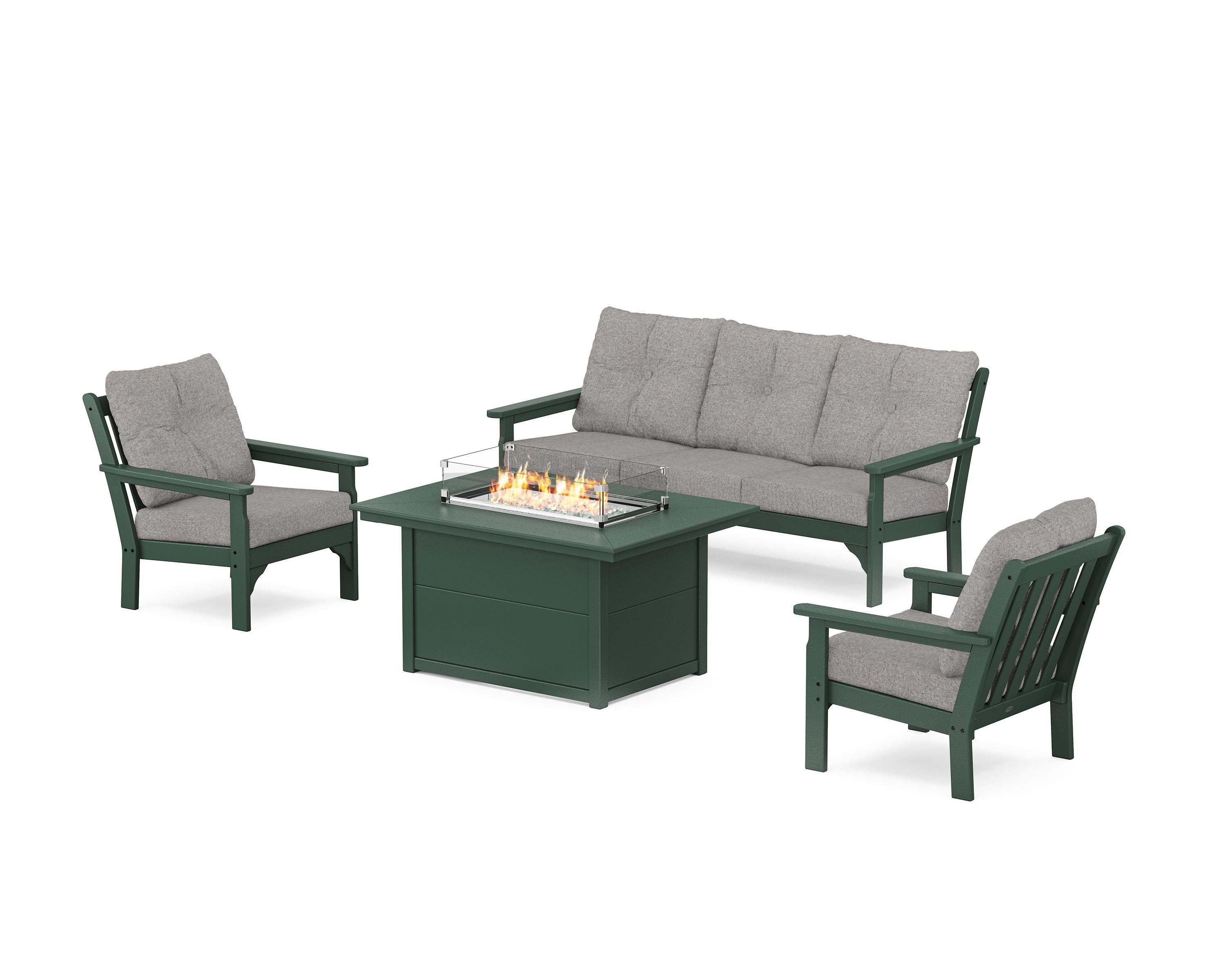 POLYWOOD Vineyard Deep Seating Fire Pit Table Set in Green / Grey Mist