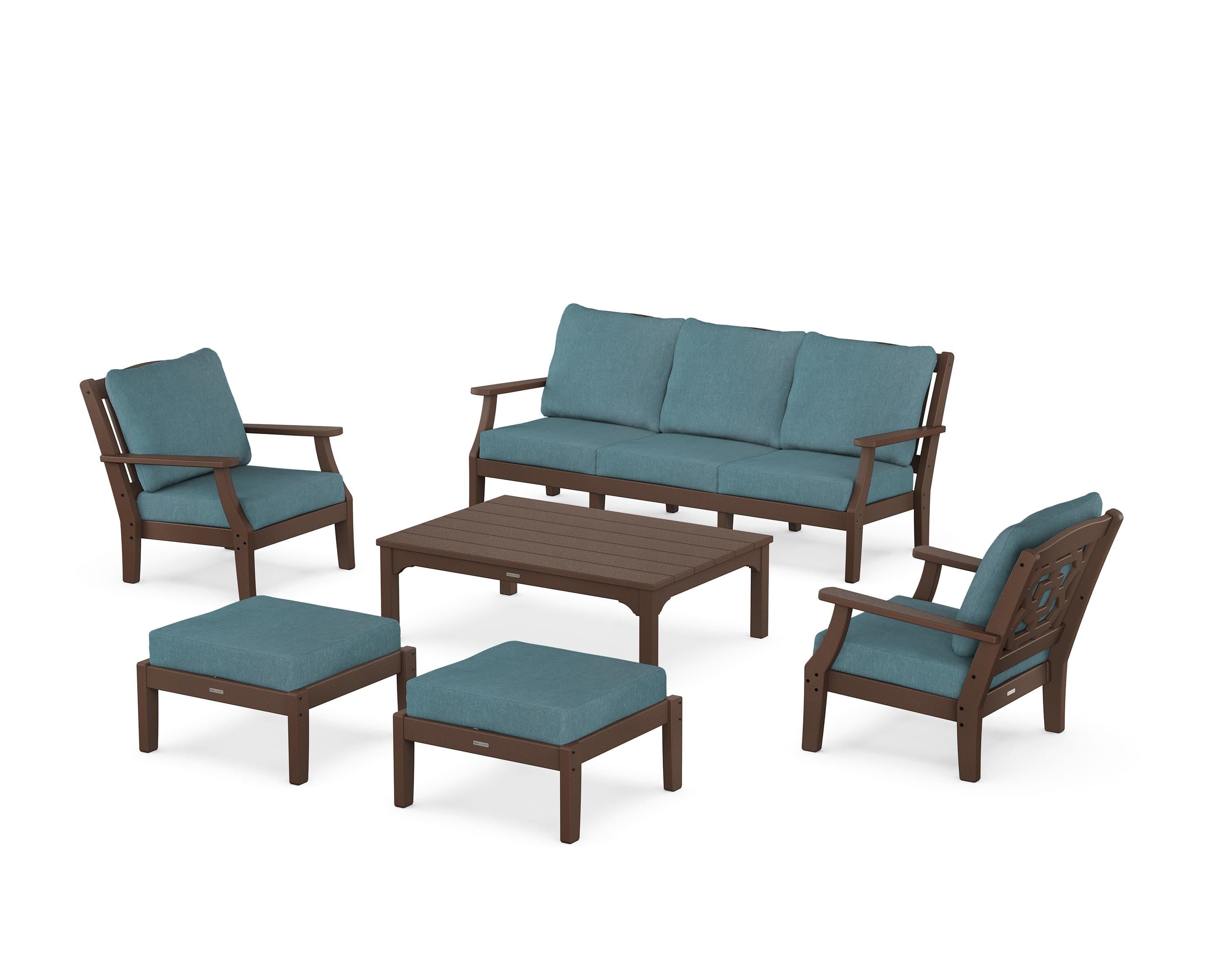 Martha Stewart by POLYWOOD Chinoiserie 6-Piece Lounge Sofa Set in Mahogany / Ocean Teal