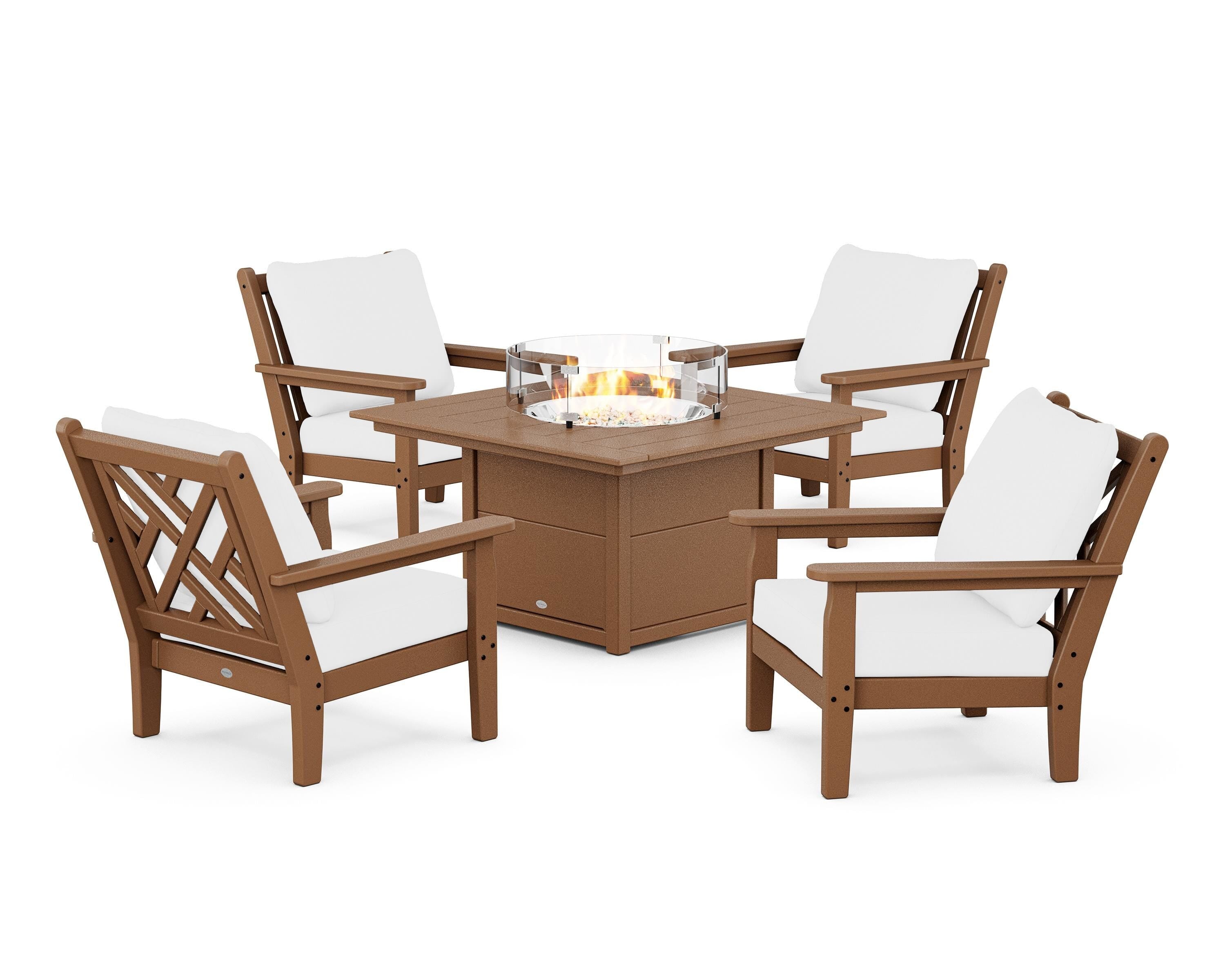 POLYWOOD Chippendale 5-Piece Deep Seating Set with Fire Pit Table in Teak / Natural