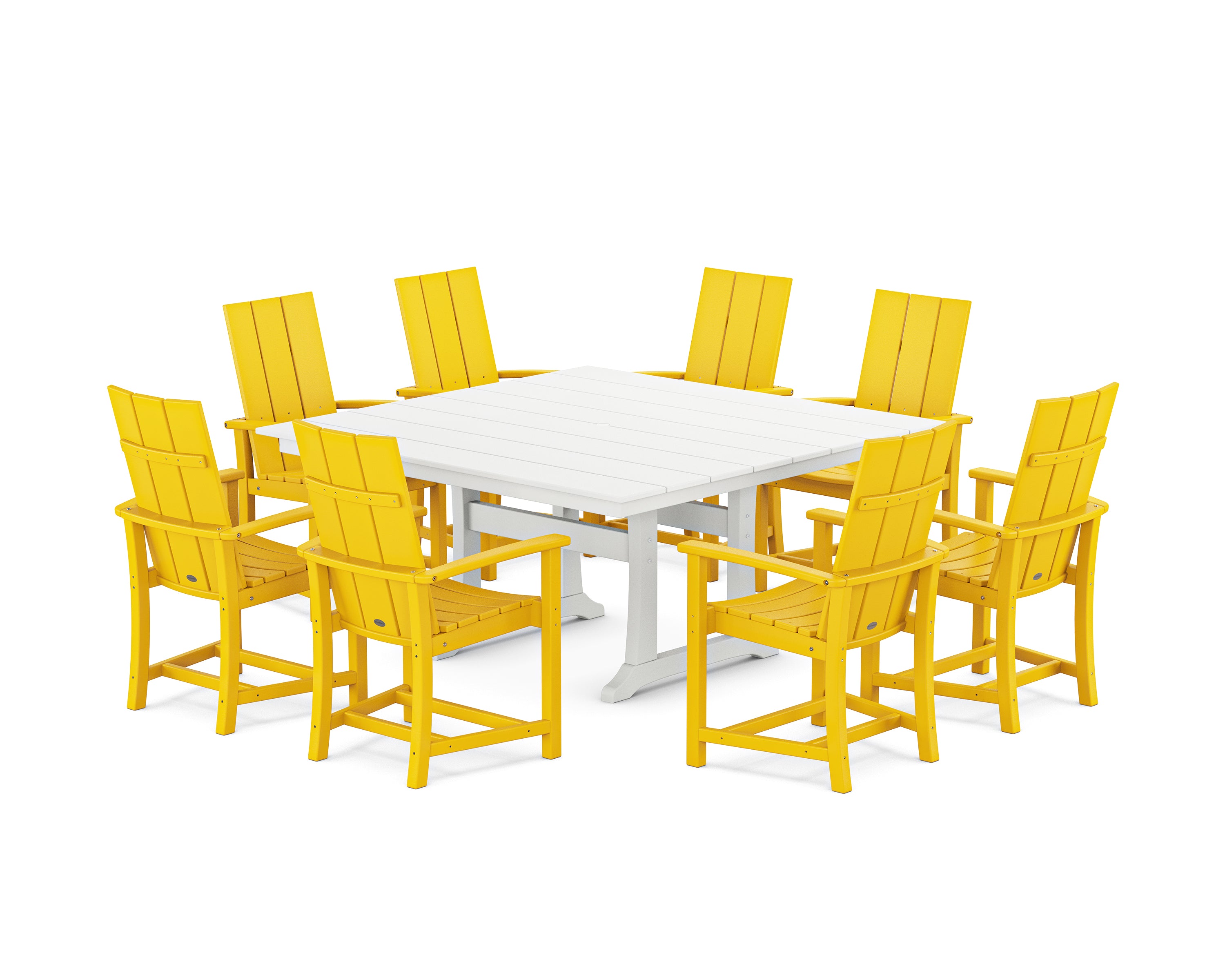 POLYWOOD® Modern Adirondack 9-Piece Farmhouse Trestle Dining Set in Lemon / White