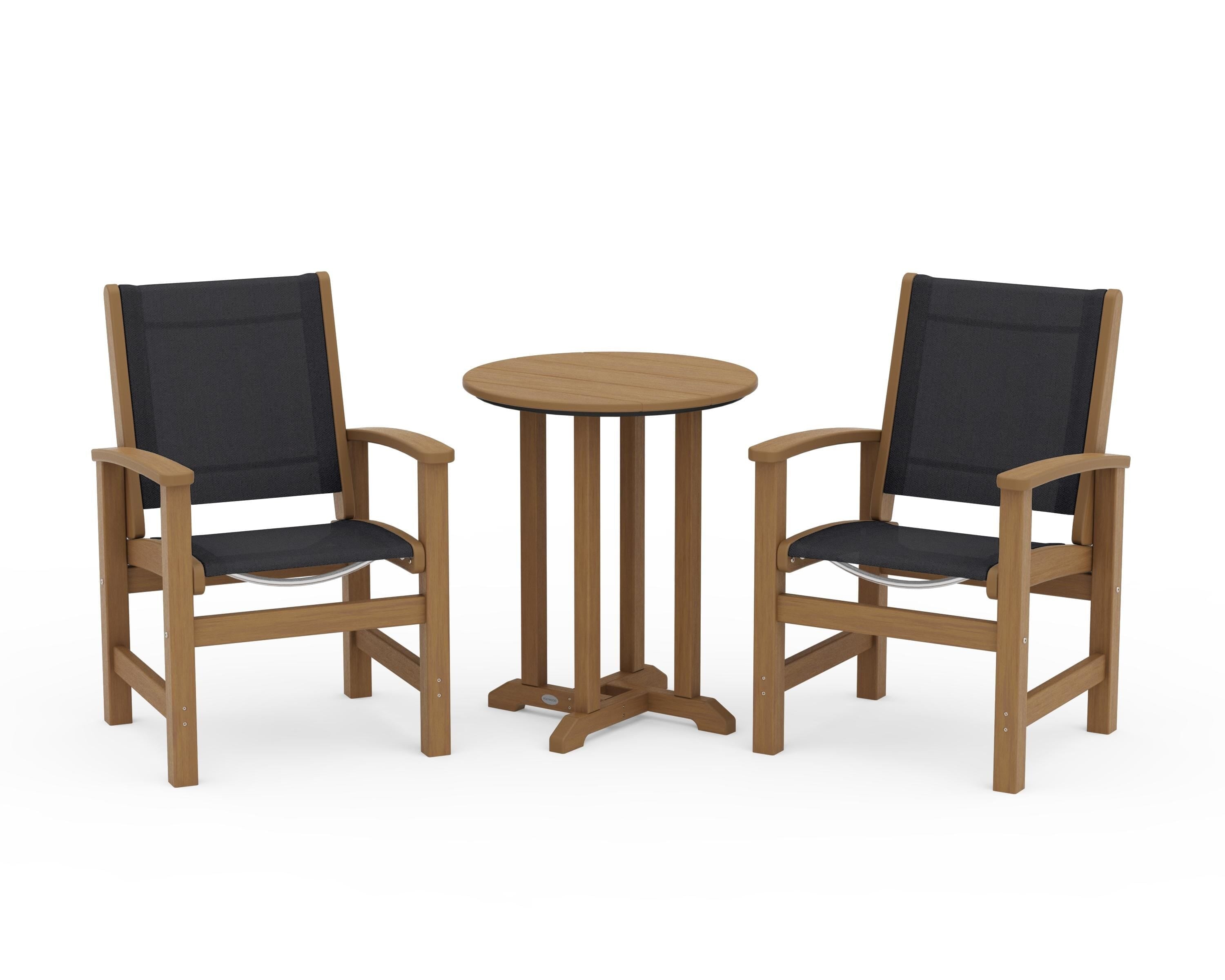 POLYWOOD Coastal 3-Piece Round Bistro Dining Set in Natural / Black Sling