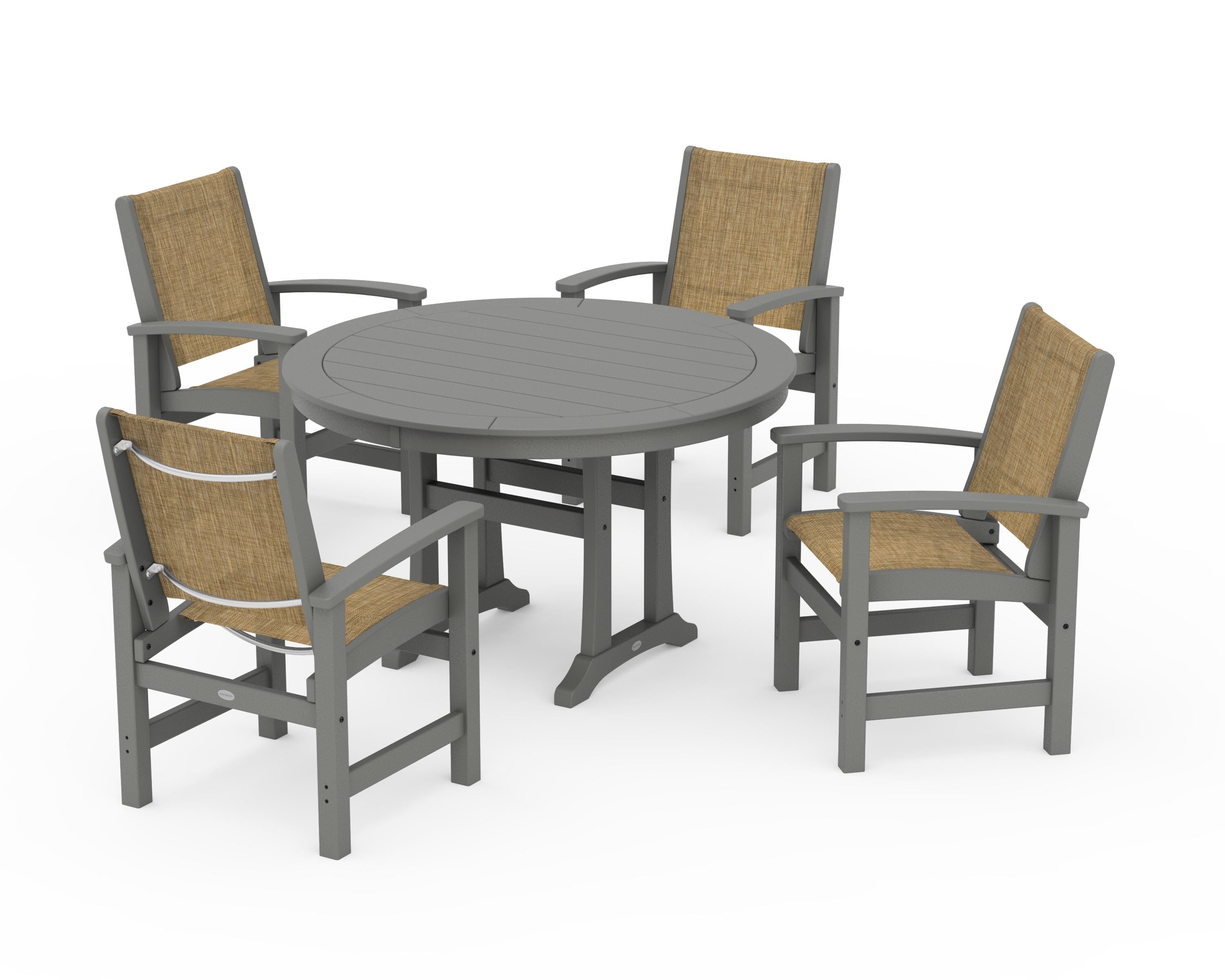 POLYWOOD Coastal 5-Piece Round Dining Set with Trestle Legs in Slate Grey / Burlap Sling