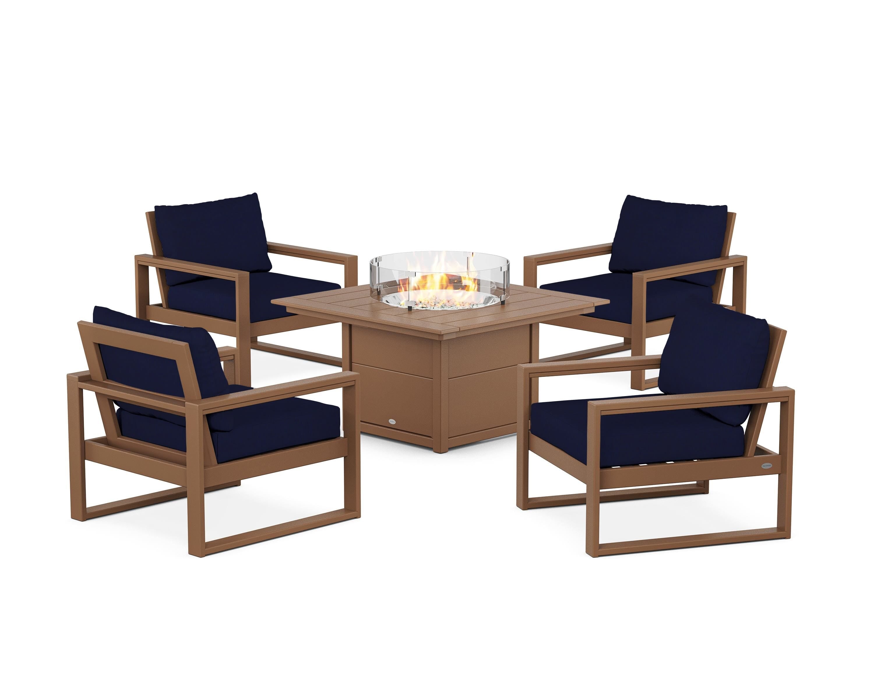 POLYWOOD EDGE Sectional 5-Piece Deep Seating Set with Fire Pit Table in Teak / Navy