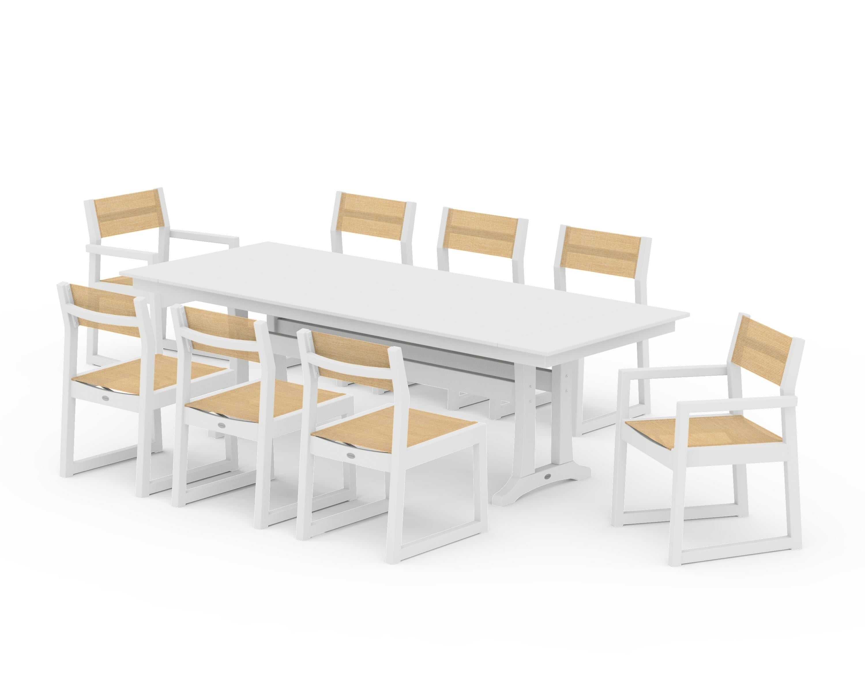 POLYWOOD EDGE Sling 9-Piece Farmhouse Trestle Dining Set in White / Dupioni Apricot Sling