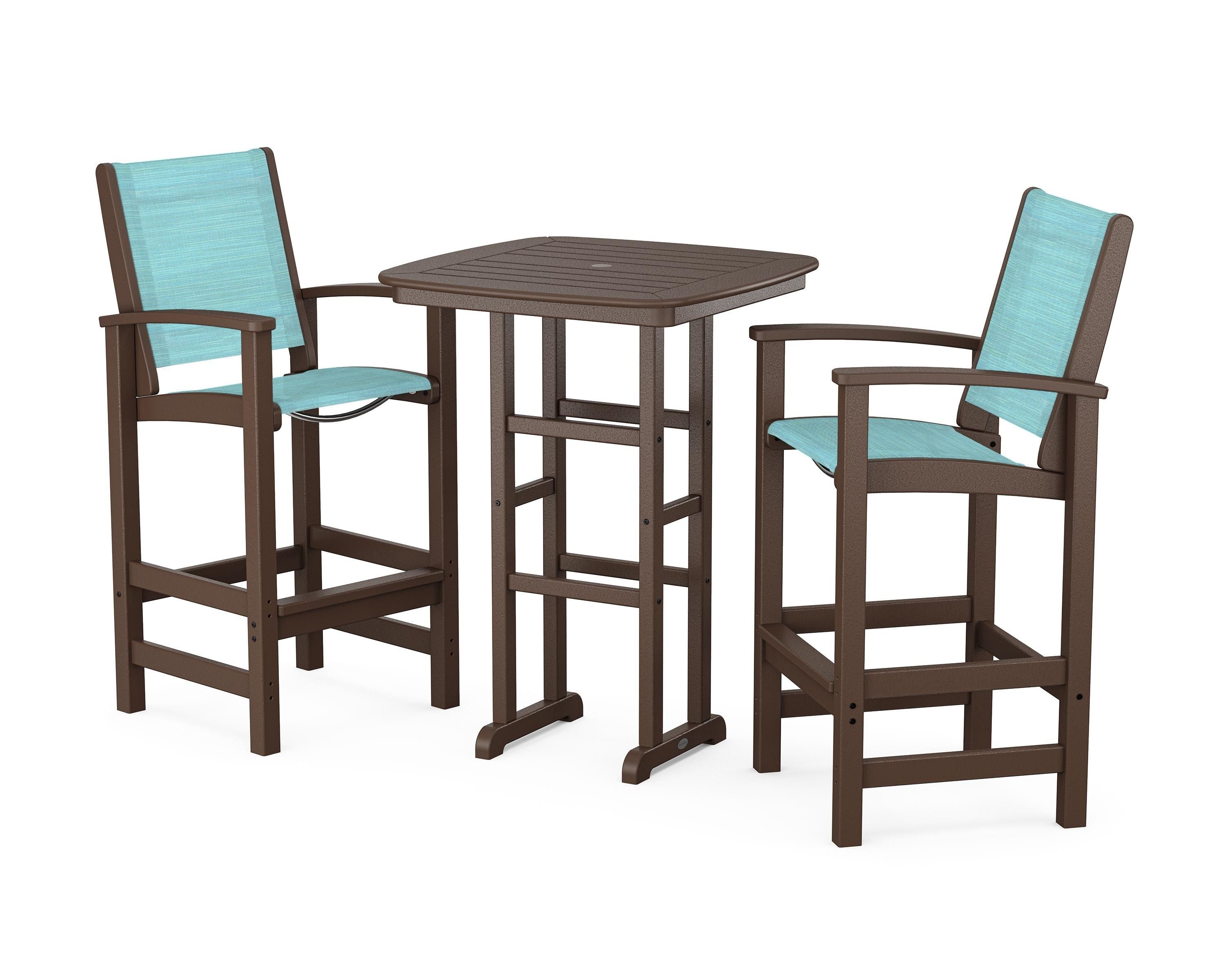 POLYWOOD Coastal 3-Piece Bar Set in Mahogany / Dupioni Aquamarine Sling