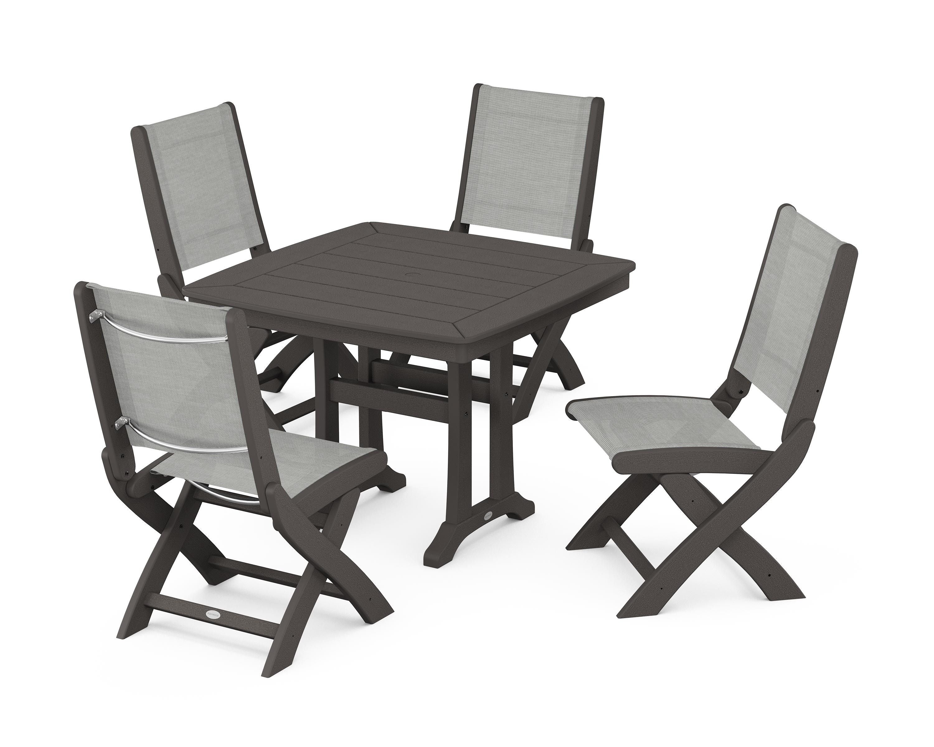 POLYWOOD Coastal Folding Side Chair 5-Piece Dining Set with Trestle Legs in Vintage Coffee / Metallic Sling