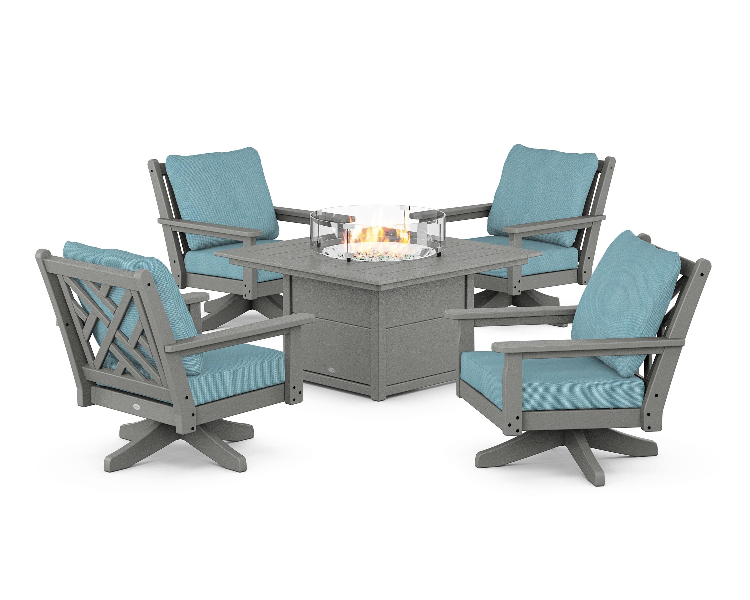 POLYWOOD Chippendale 5-Piece Deep Seating Swivel Conversation Set with Fire Pit Table in Slate Grey / Lattice Sky Blue