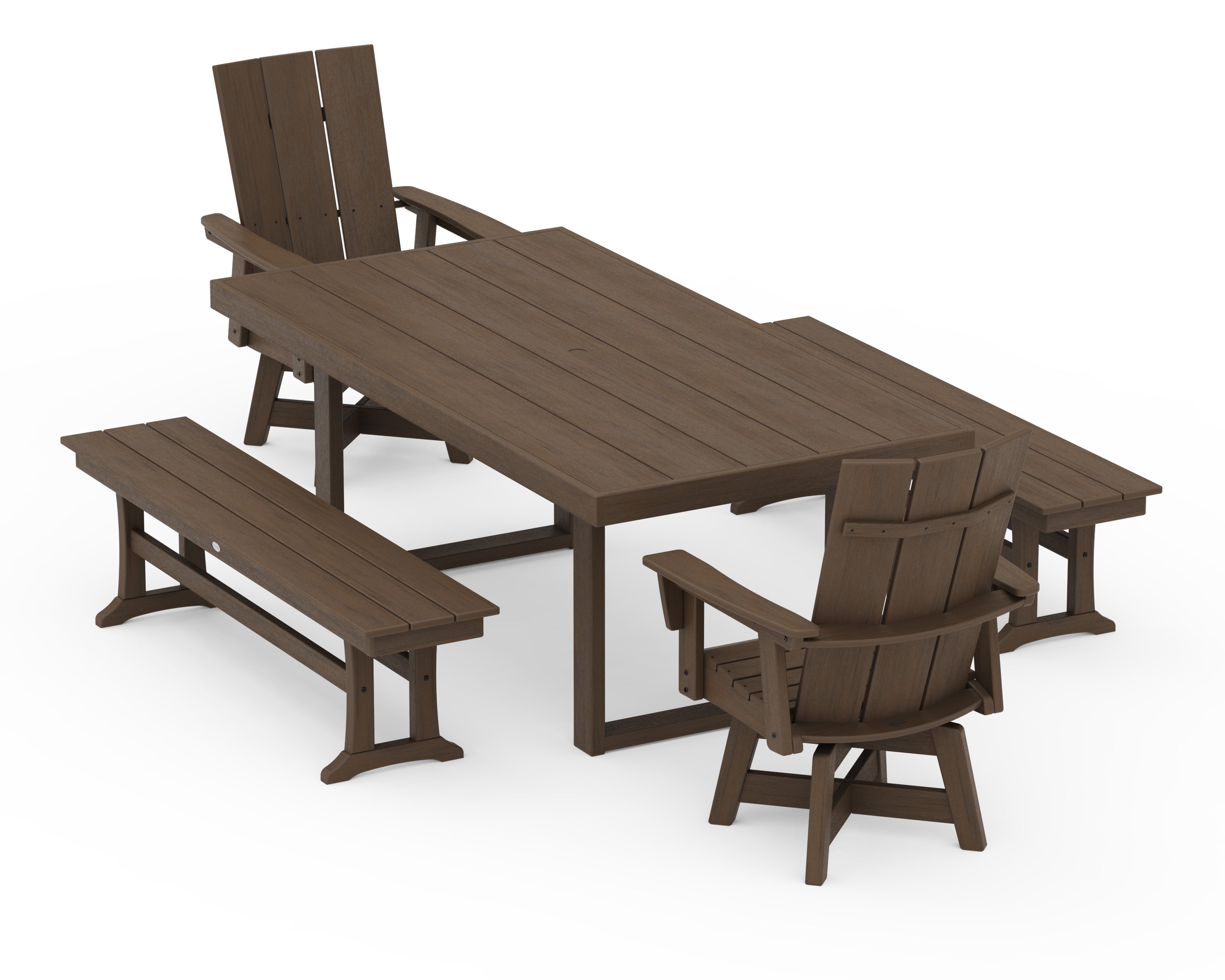POLYWOOD Modern Adirondack Swivel Chair 5-Piece Dining Set with Benches in Kona