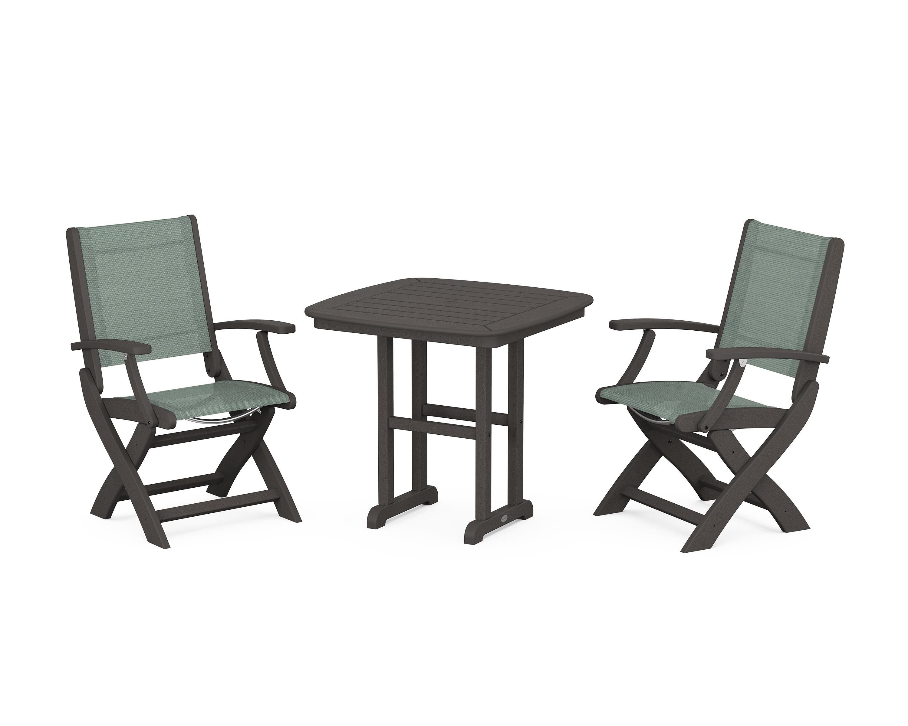 POLYWOOD Coastal Folding Chair 3-Piece Dining Set in Vintage Coffee / Dupioni Sea Mist Sling