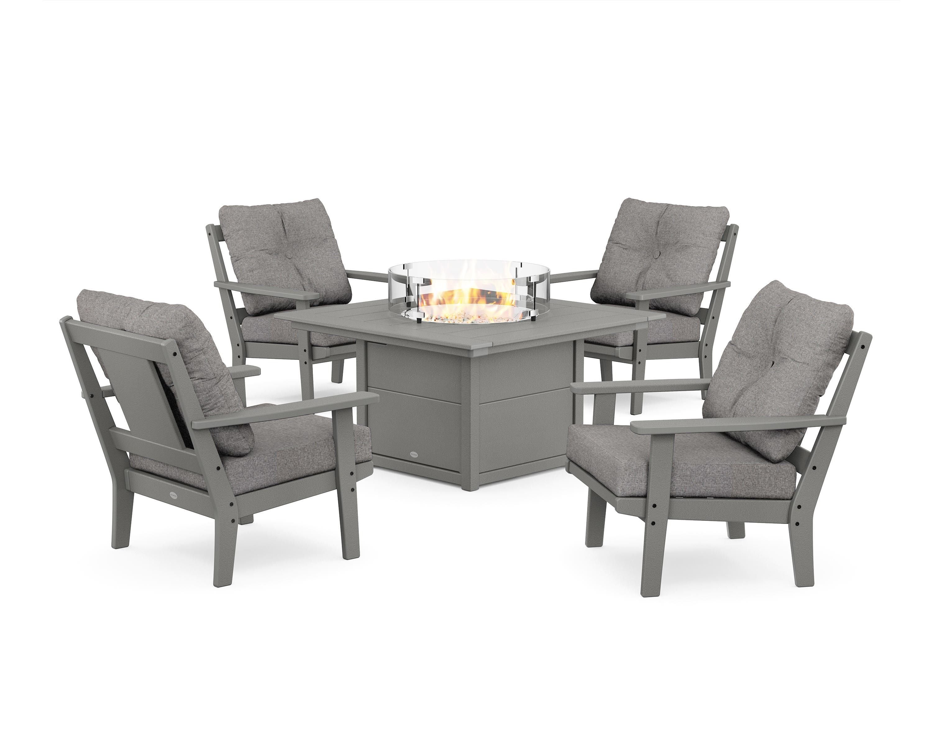 POLYWOOD Prairie 5-Piece Deep Seating Set with Fire Pit Table in Slate Grey / Grey Mist