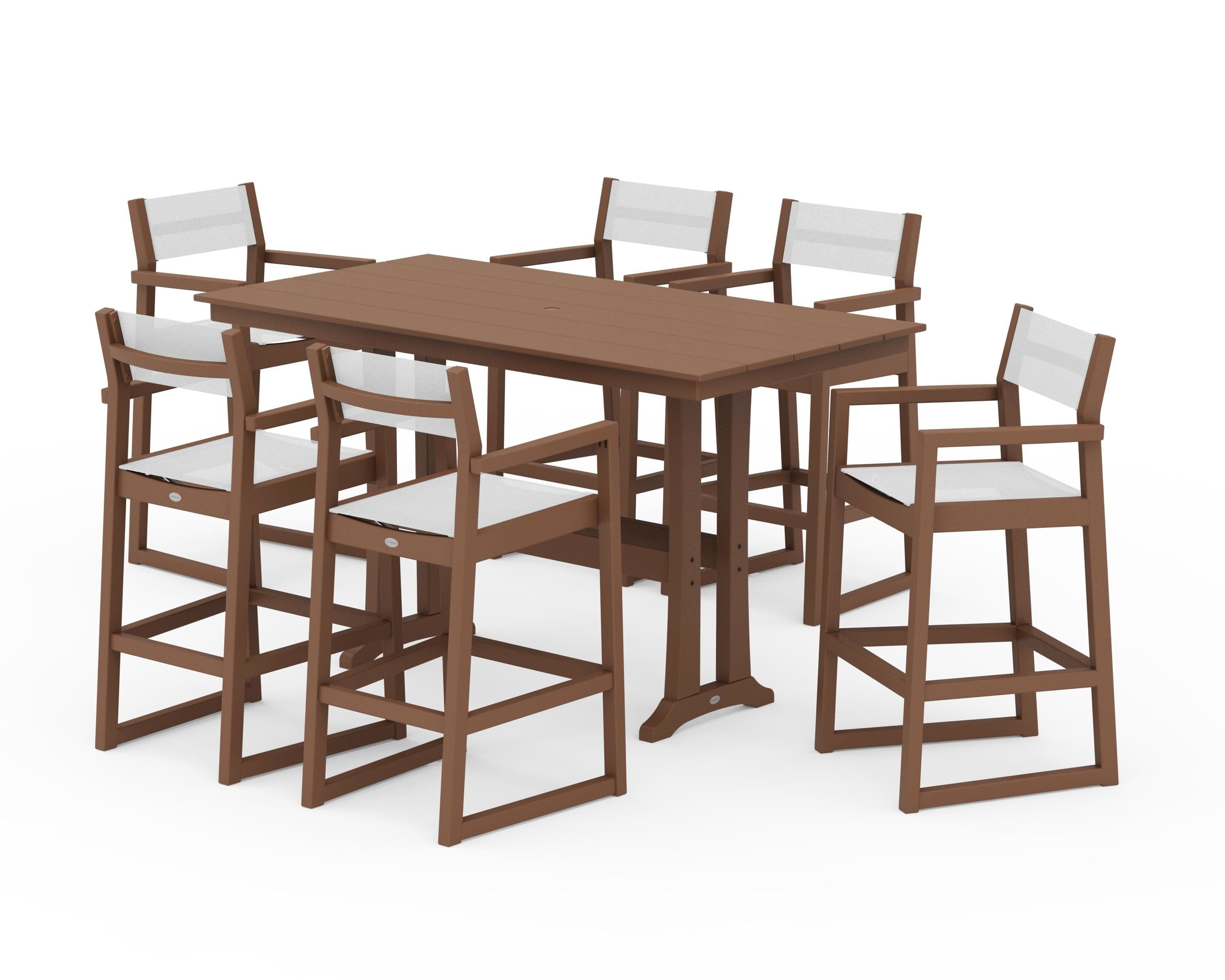 POLYWOOD EDGE Sling Arm Chair 7-Piece Farmhouse Bar Set with Trestle Legs in Teak / White Sling