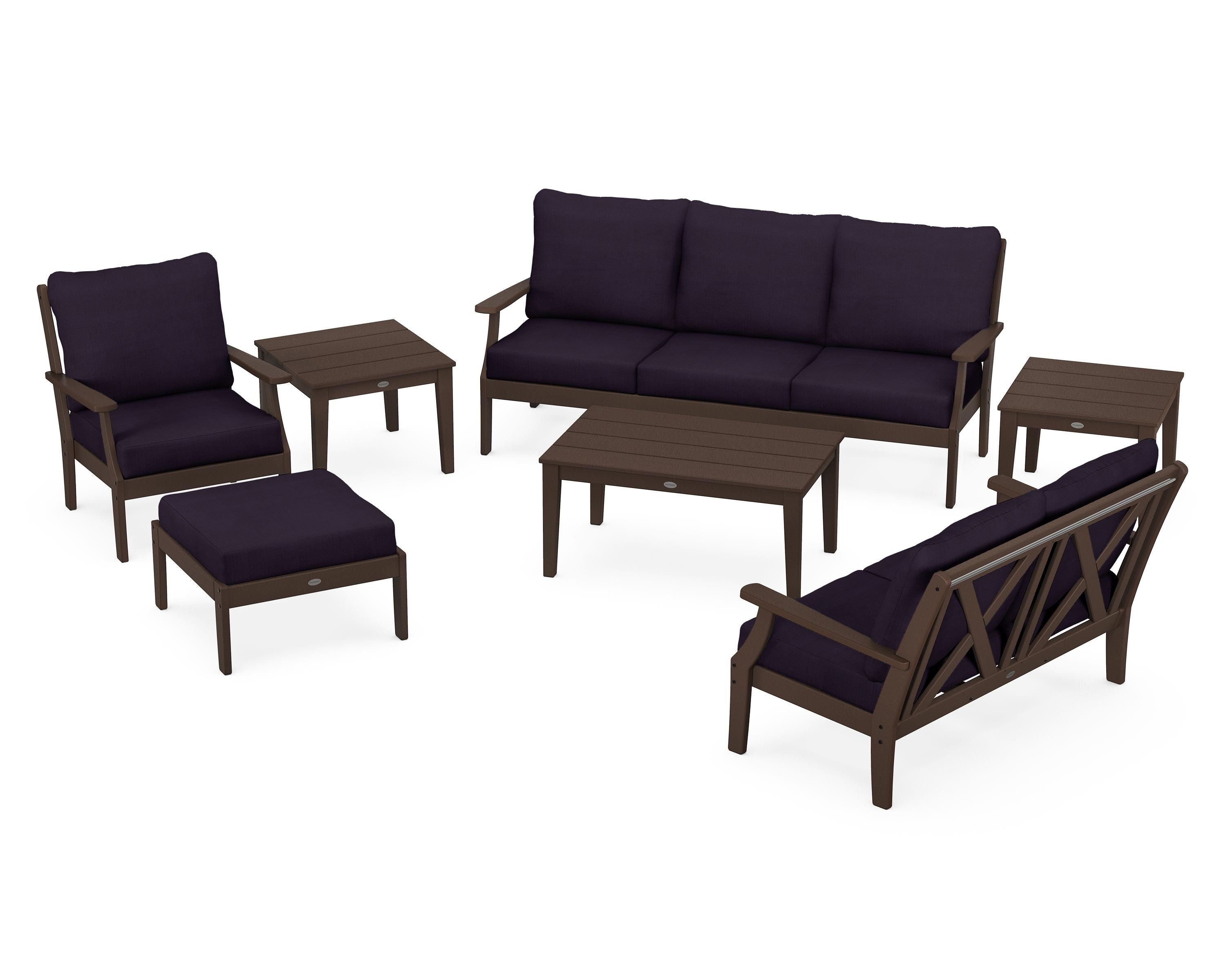 POLYWOOD Braxton 7-Piece Deep Seating Set in Mahogany / Navy Linen