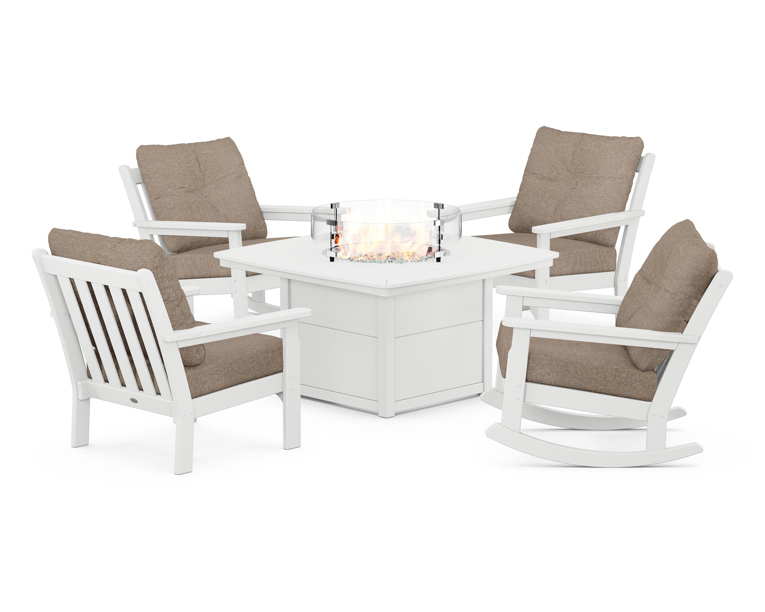 POLYWOOD Vineyard 5-Piece Deep Seating Rocking Chair Conversation Set with Fire Pit Table in White / Spiced Burlap