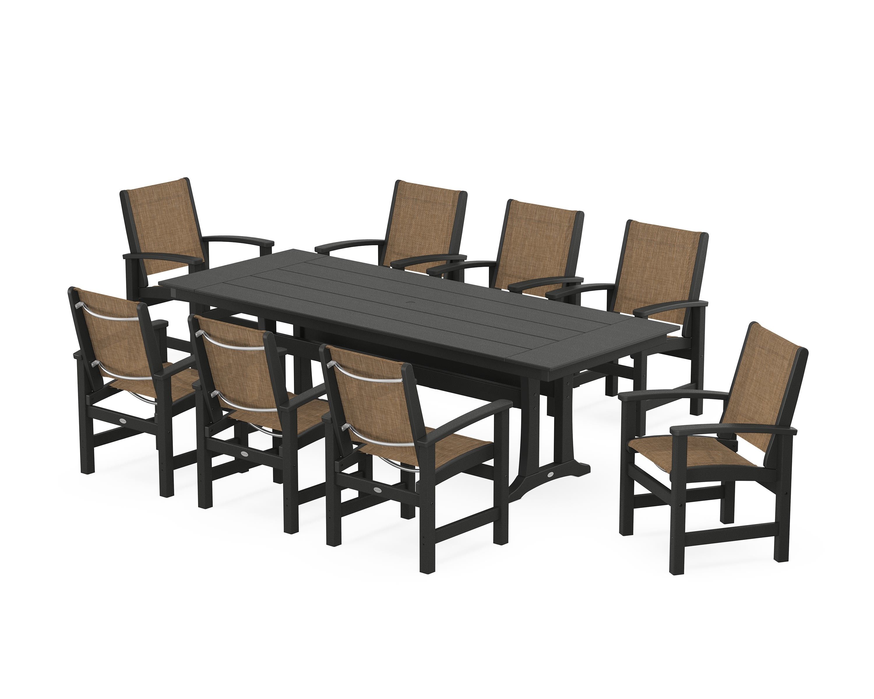 POLYWOOD Coastal 9-Piece Farmhouse Dining Set with Trestle Legs in Black / Burlap Sling