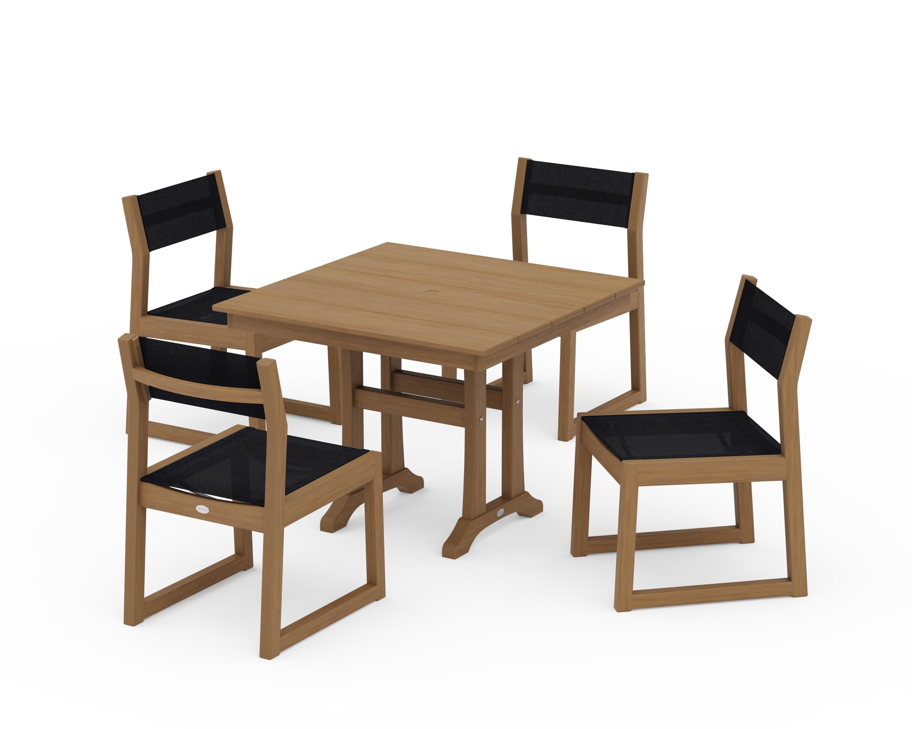 POLYWOOD EDGE Sling 5-Piece Farmhouse Trestle Side Chair Dining Set in Natural / Black Sling